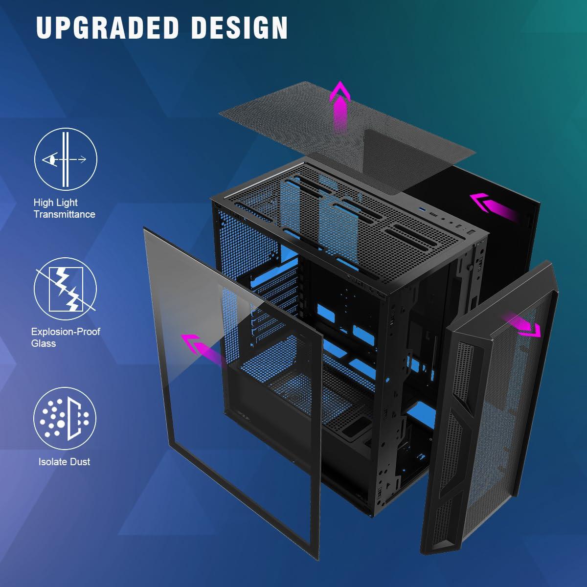 RUIX RUIX CV103 ATX Mid-Tower PC Case, Pre-Installed 4 x 120mm RGB Fans, RGB Color Lighting, Tempered Glass, USB 3.0, Gaming Computer Case, High-Airflow - Black