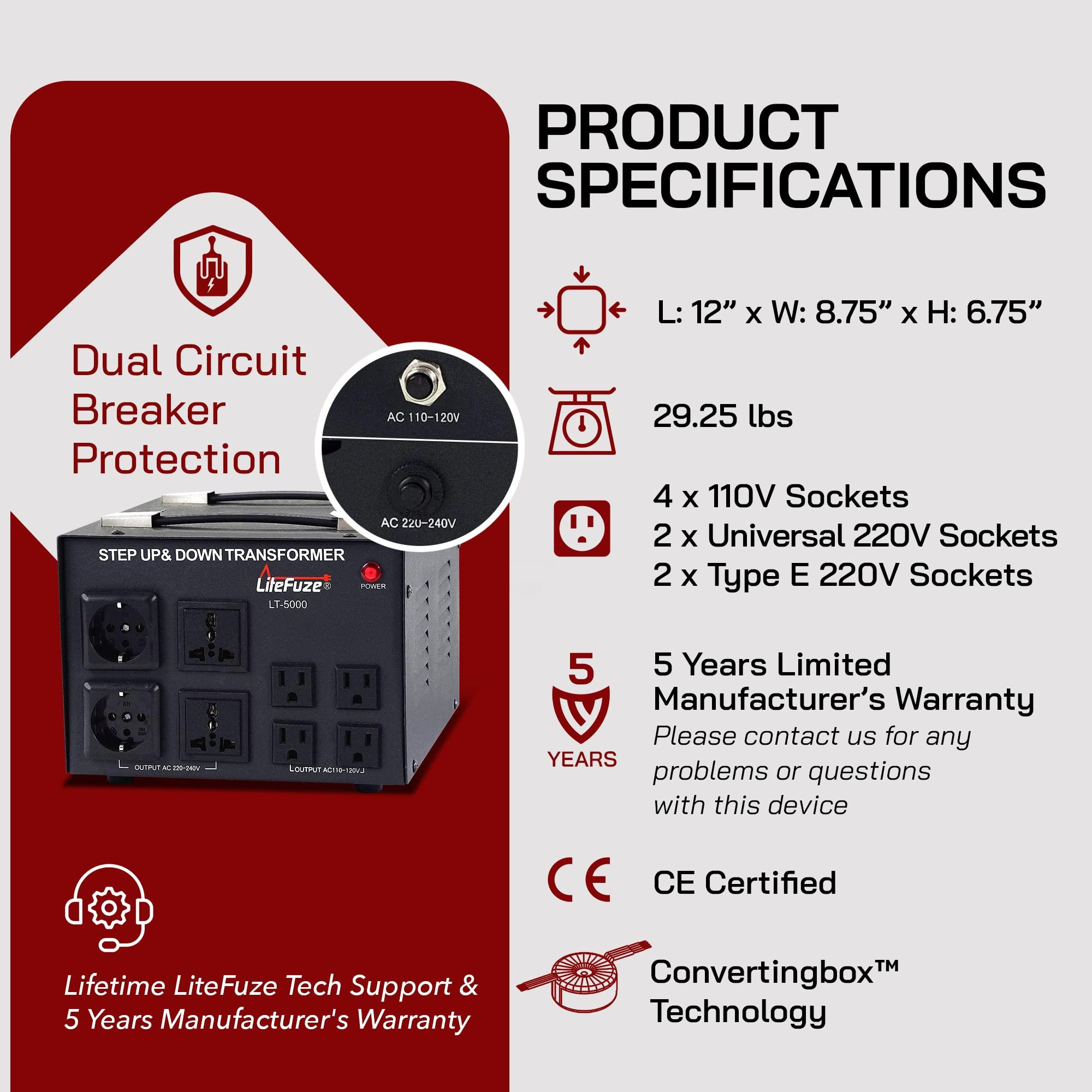 LiteFuze LiteFuze LT Series 5000 Watt Voltage Converter Transformer Step Up/Down - 110v to 220v / 220v to 110v Power Converter - Fully Grounded Cord - Universal Socket, CE Certified