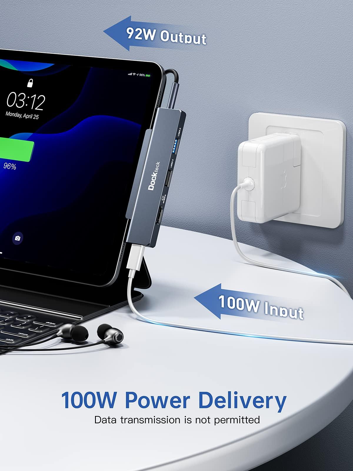 dockteck iPad Pro USB C Hub Multiport Adapter - Dockteck USBC Hub 5 in 1 with 100W PD, 4K 60Hz HDMI, Audio, USB 3.0, USB C Dock with Magnetic Grip for iPad Pro 12.9 2021 2020 2018, iPad Air, iPad Mini 6