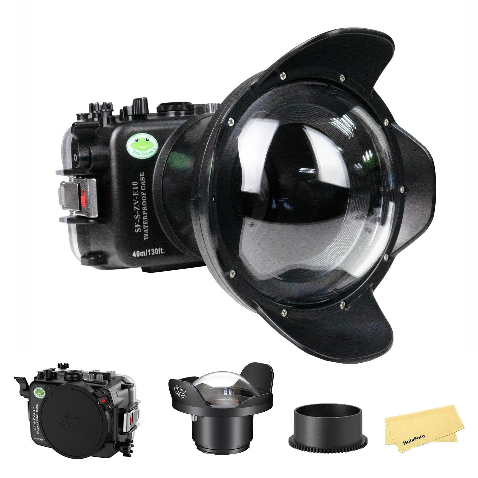HolaFoto Seafrogs Underwater Housing for Sony ZV-E10 with WA005F Dome Port, [40M/130FT] Waterproof Scuba Housing Case for Sony Alpha ZV-E10 with FE 16-35mm F4, E 18-105mm F4