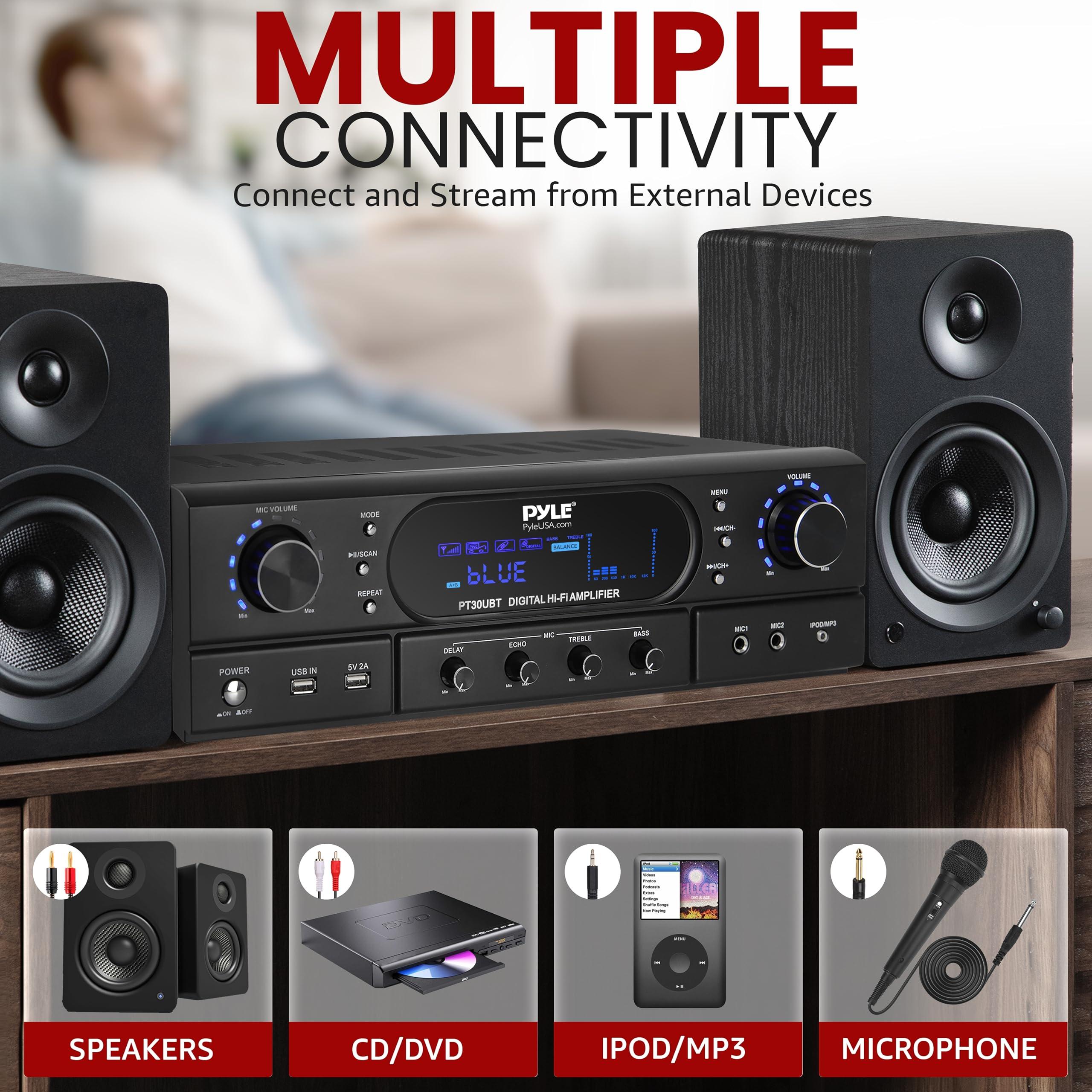 Pyle Pyle Bluetooth Home Theater Receiver Amplifier - 180W Peak Power Amp w/Treble, Bass, Echo Control, MP3/USB/FM, Dual Channel Audio Stereo System for Home Streaming Entertainment, Karaoke, Professional