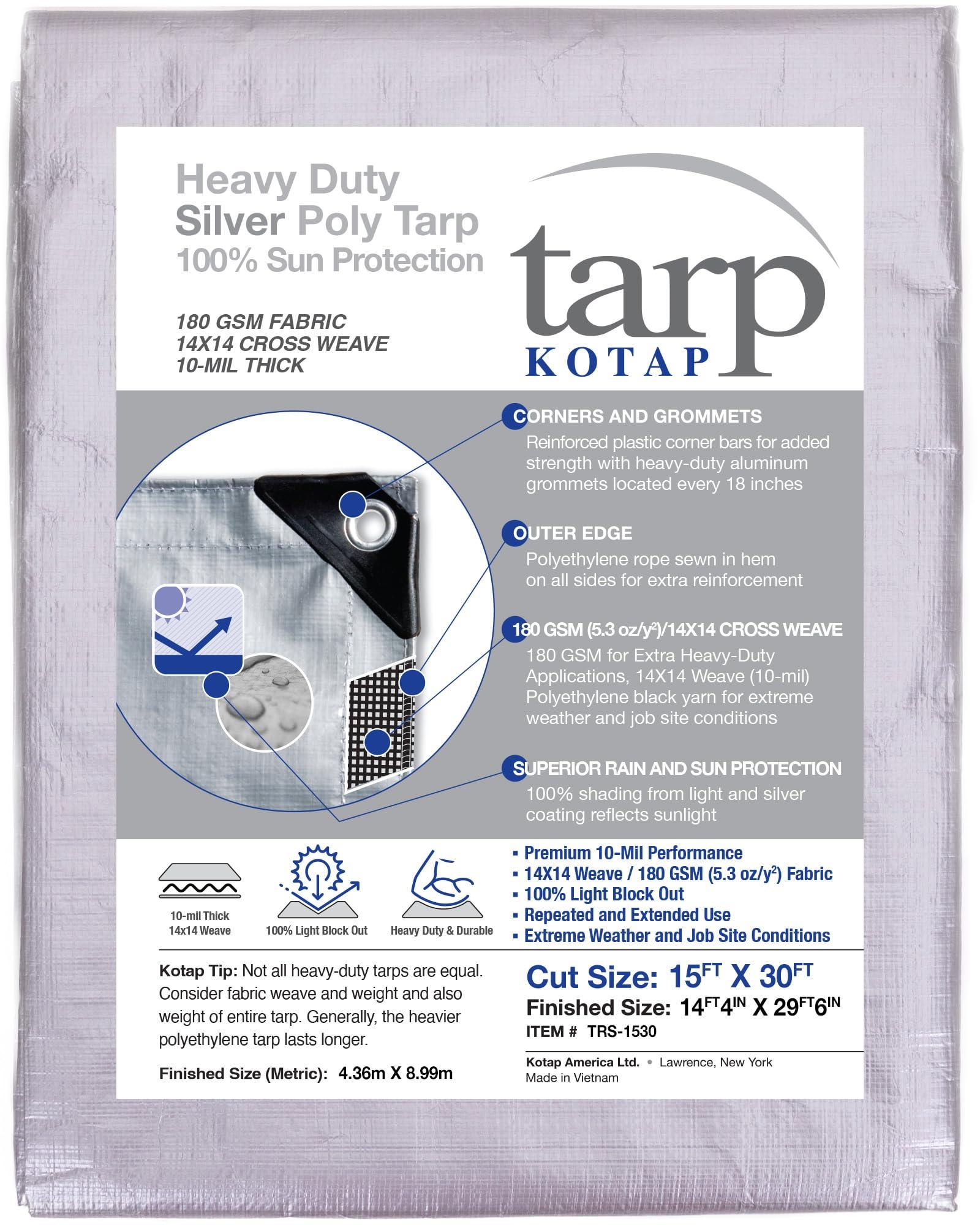 Kotap Kotap 15 x 30 Ft. Heavy-Duty Protection/Coverage Tarp, Superior Weave for Greater Longevity, 10-mil Multi-Use, Waterproof, TRS-1530, Silver (1-Pack)