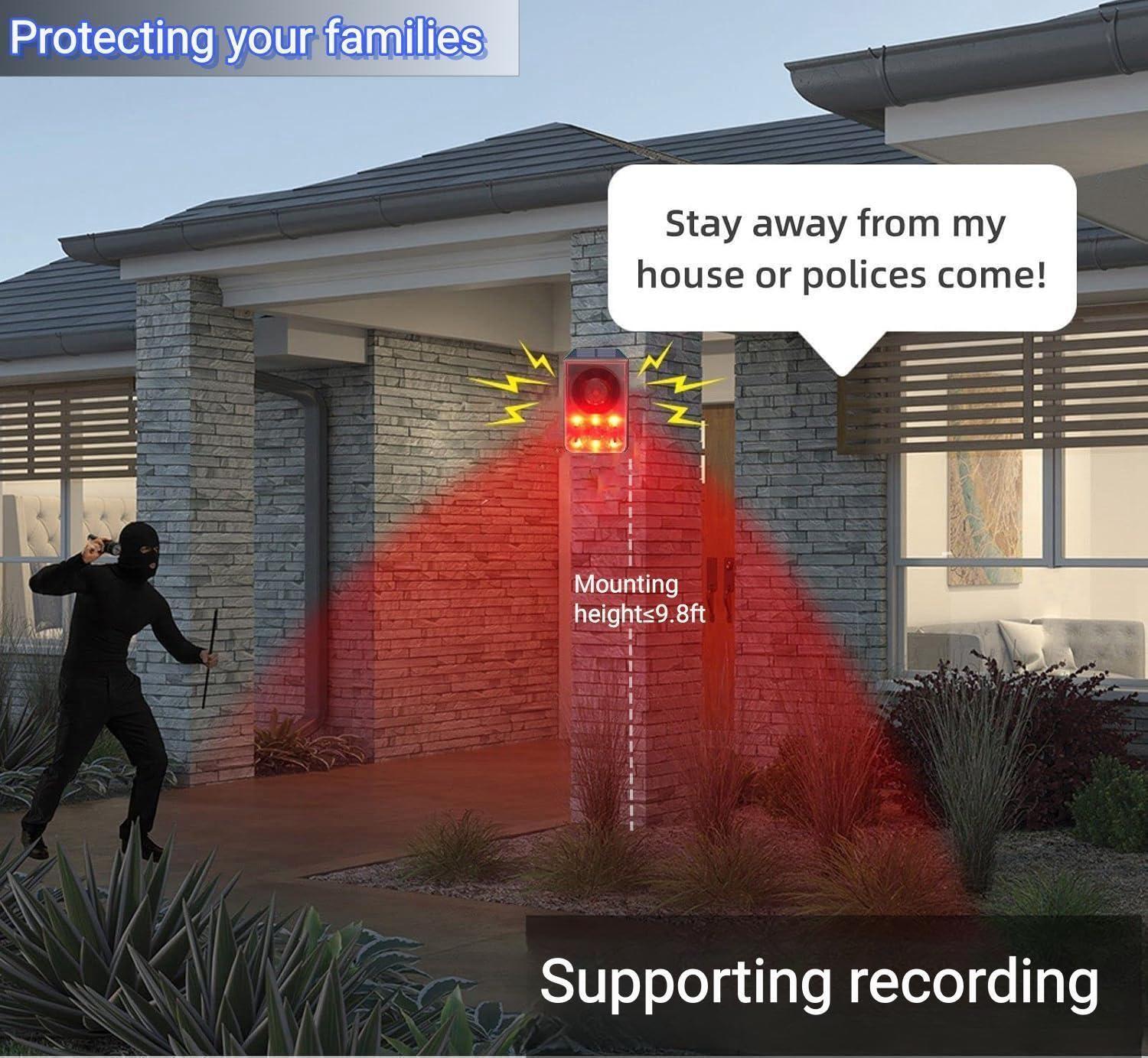 HULPPRE HULPPRE Solar Outdoor Motion Sensor Alarm-Dog Barking or Gunshot Sound,Support Recording&Volume,130db Loud Noise Maker,3 Work Modes Strobe Light with USB,Say Goodbye to The Intruders