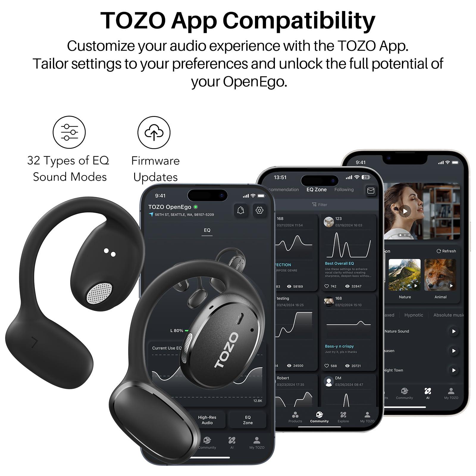 TOZO TOZO OpenEgo True Wireless Open Ear Headphone, 5.3 Bluetooth Sport Earbuds with Earhooks for 80H Playback with Digital Display, 32 EQ Modes Dual Mic Clear Call Sweat-Proof for Running Workout Black