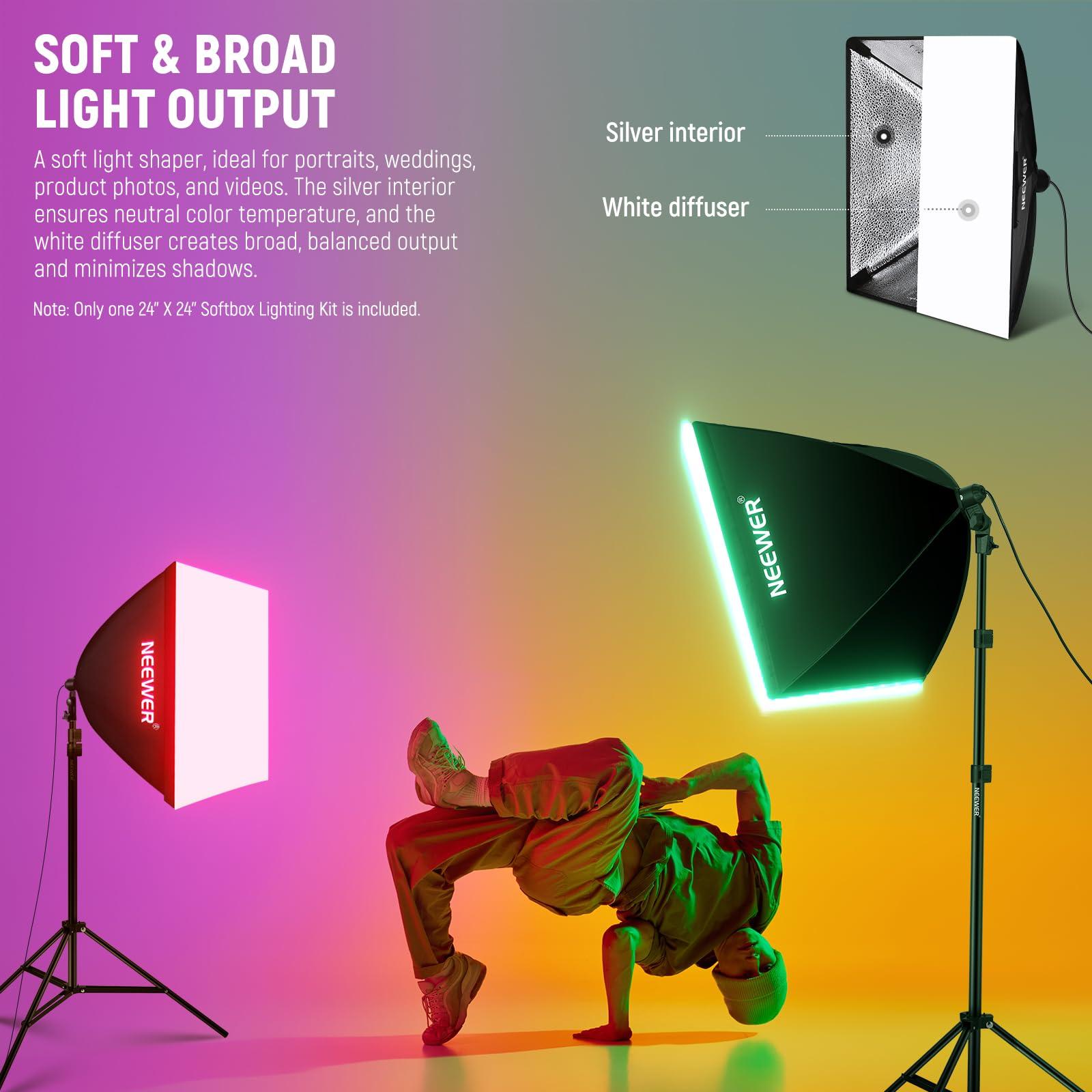 NEEWER NEEWER RGB Softbox Lighting Kit with App Control & 9 Effect Modes, 26W LED Bulb CRI93+ TLCI98+, E26 Porcelain Socket, 24" Softbox, for Studio Photography Lighting, NK800