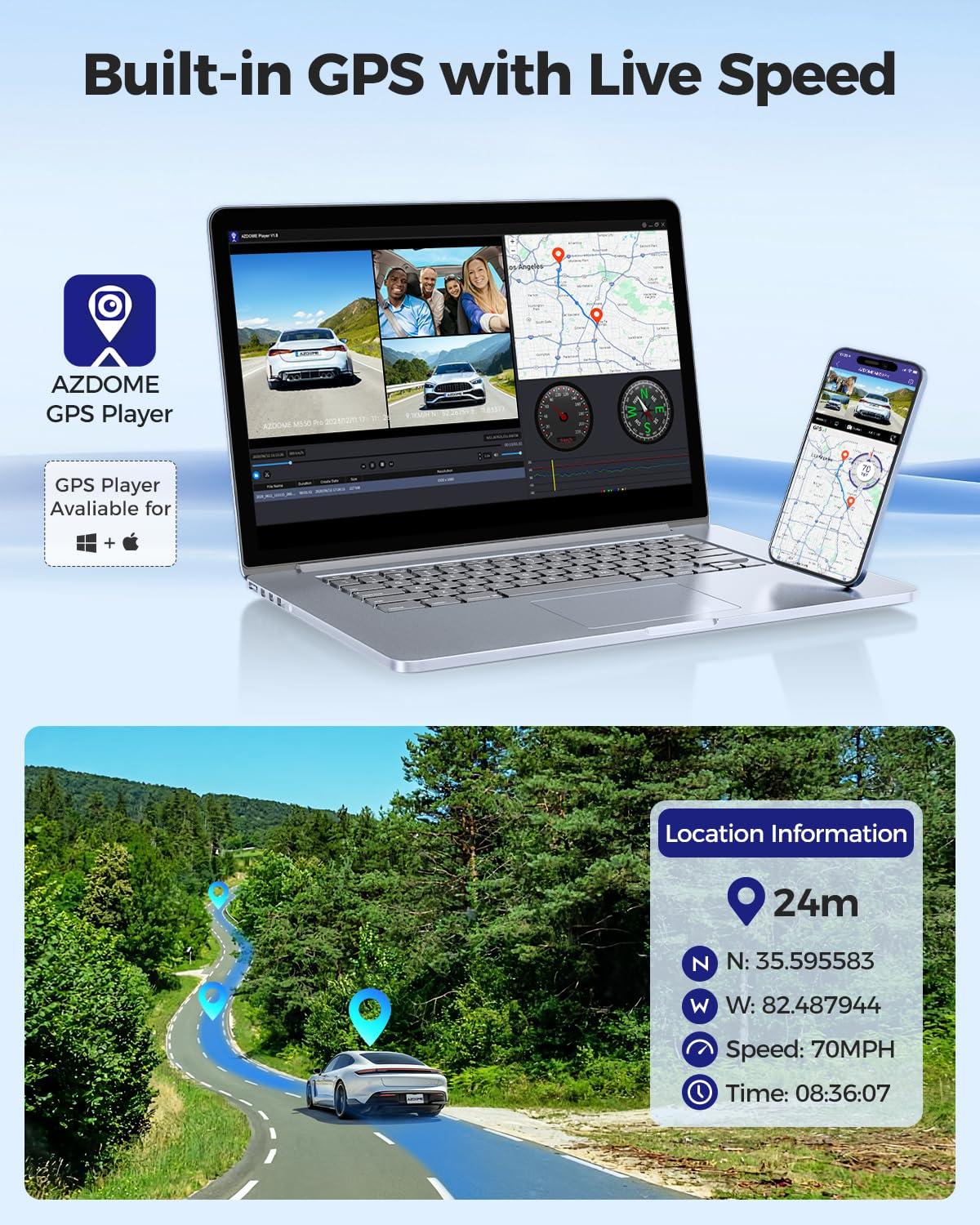 AZDOME AZDOME M550 Pro 5G WiFi 3 Channel Dash Cam Built-in GPS, 4K Dual Dash Camera Front and Rear with 64GB Card, 2.5K+1080P+1080P Triple Car Camera, 3.19" IPS Screen, IR Night Vision, 24H Parking Mode