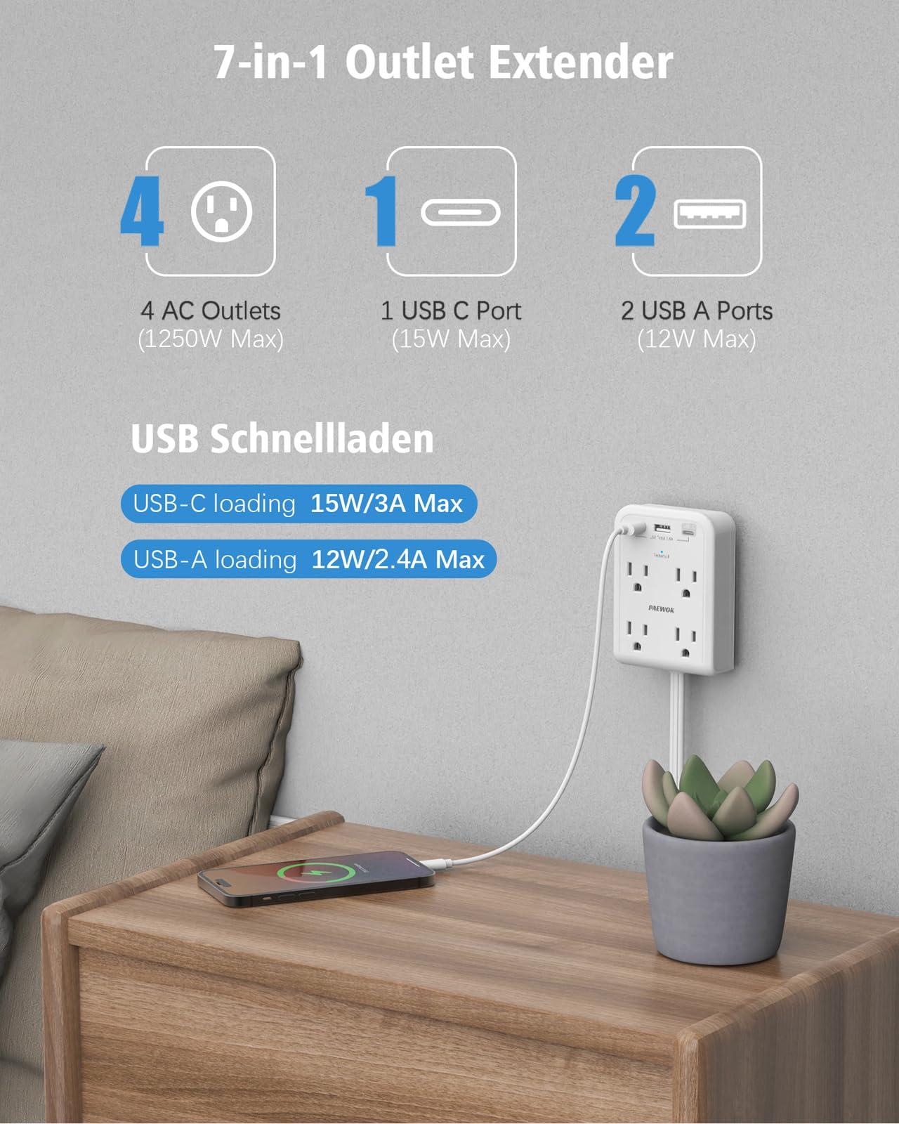 PAEWOK Flat Plug Outlet Extender with 3 USB Wall Plug(1 Type C), 4 AC Socket Wall Adapter, Electrical Outlet Extender, Power Strip Surge Protection with 8 ft Thin Extension Cord. White