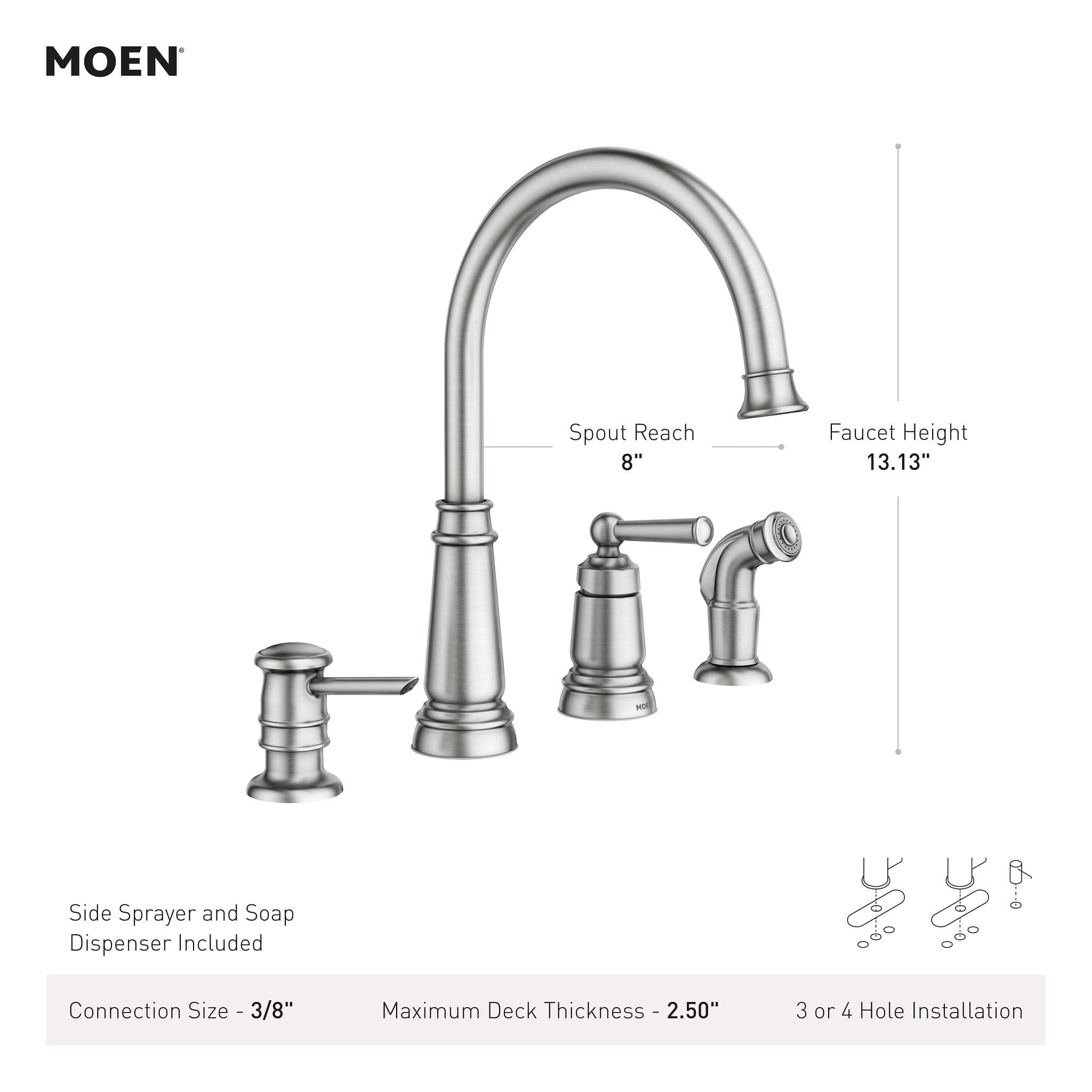 Moen Moen Spot Resist Stainless One-Handle High Arc 4-hole Kitchen Faucet with Side Sprayer and Soap Dispenser, 87042SRS