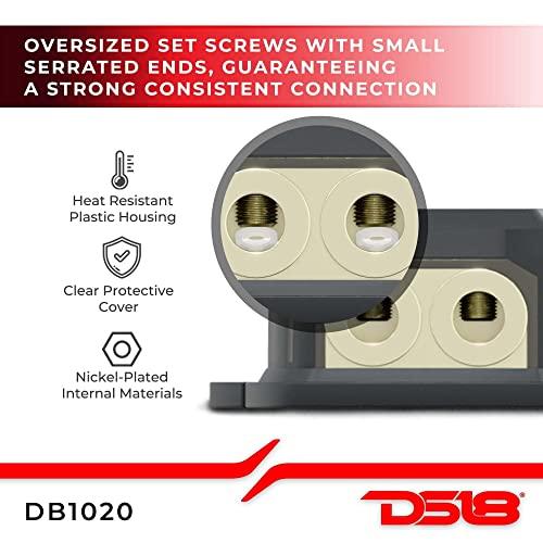 DS18 DS18 DB1020 Distribution Ground Block - 1 x 0GA in/ 2 x 0GA Out, Nickle Plated Internal Materials, High-Strength Heat Resistant Plastic Housing, Oversized Screws for Secure Connections (1 in 2 Out)