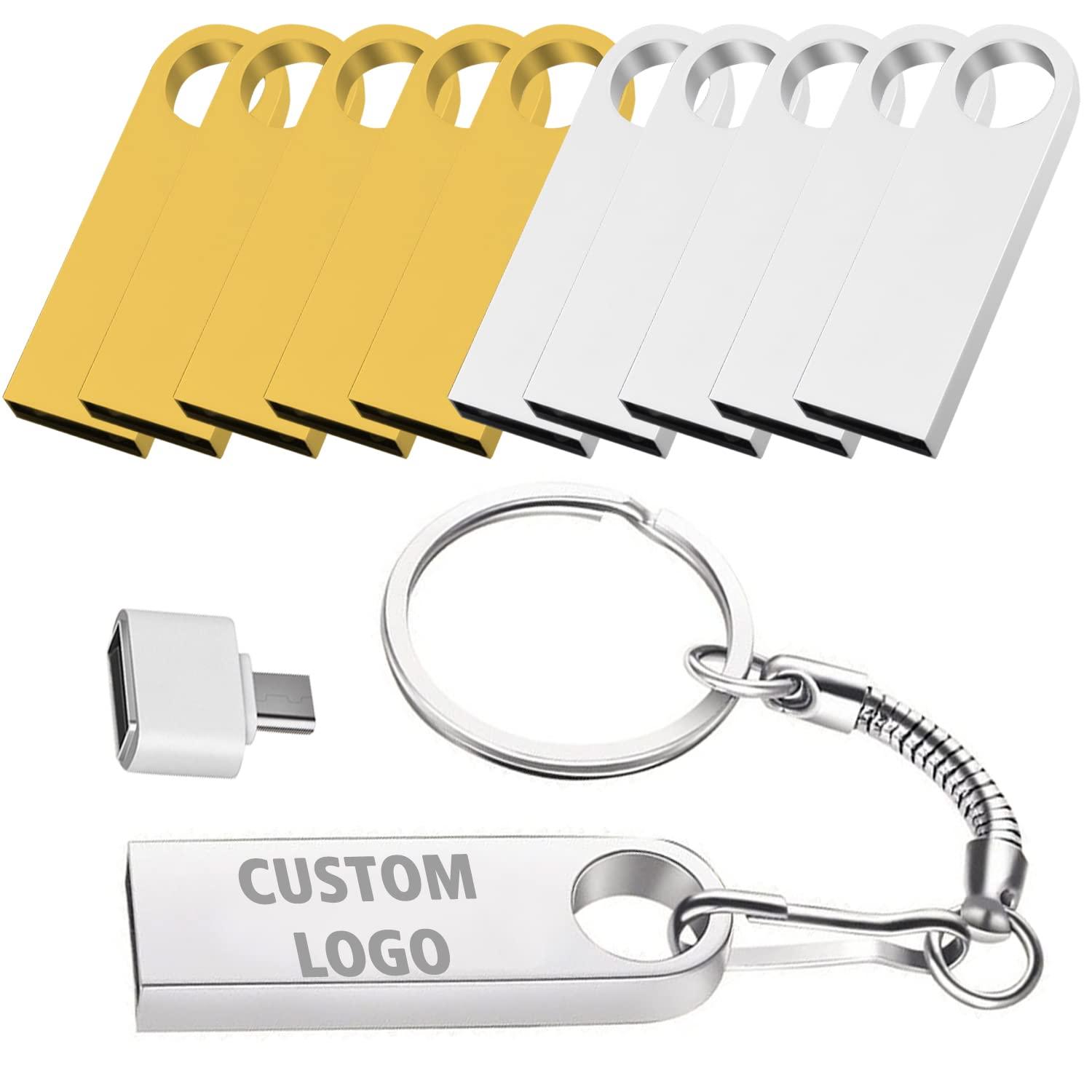 Bucenale Custom Logo USB 2.0 Flash Drive Bulk Personalized USB Thumb Drive with Keychain and USB C Adapter Engraved Free Metal Pen Drive - as Promotional Gift 50 Pack Wholesale(4GB,25PCS Silver+25PCS Gold)