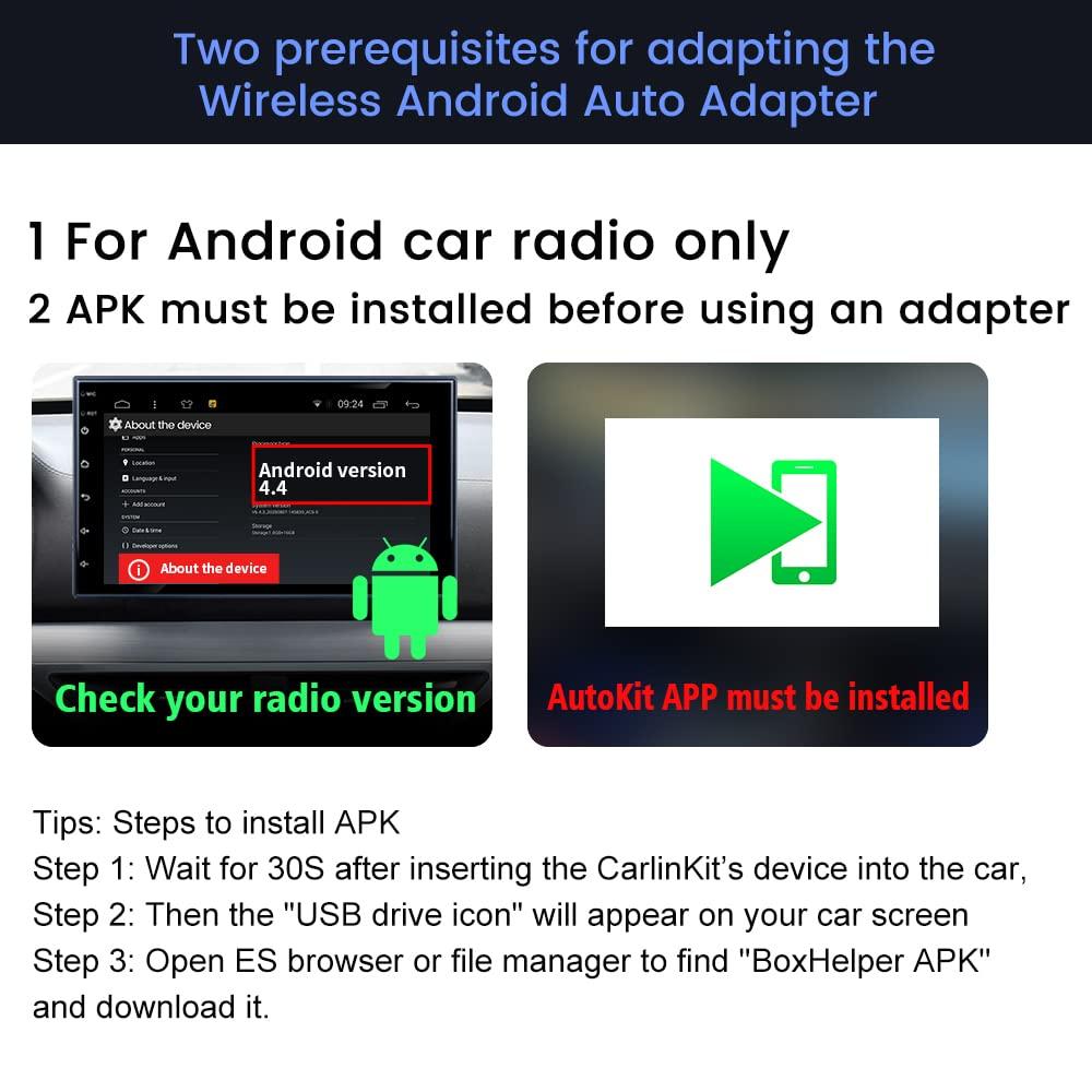 Carlinkit CarlinKit Wireless CarPlay USB Adapter Only Compatible with Android car radios. only for Android Version 4.4.2 or Above. APK Must be Successfully Installed Before use. Model:CPC200-CCPA