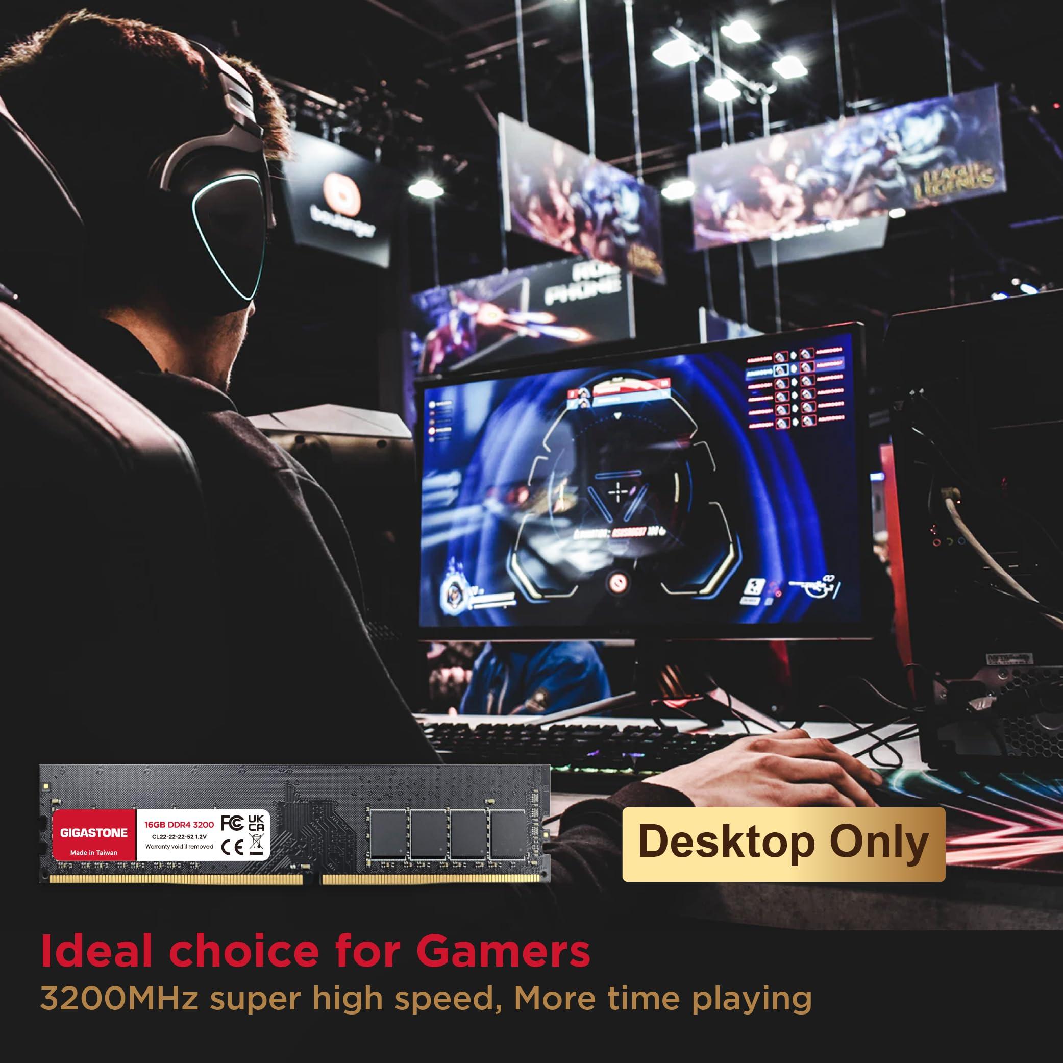 Gigastone DDR4 RAM GIGASTONE 64GB Kit (4x16GB) DDR4 3200MHz (2933MHz or 2666MHz) PC4-25600 (PC4-23400, 21300) CL22 1.2V UDIMM 288 Pin Unbuffered Non ECC High Performance PC Desktop Memory Upgrade
