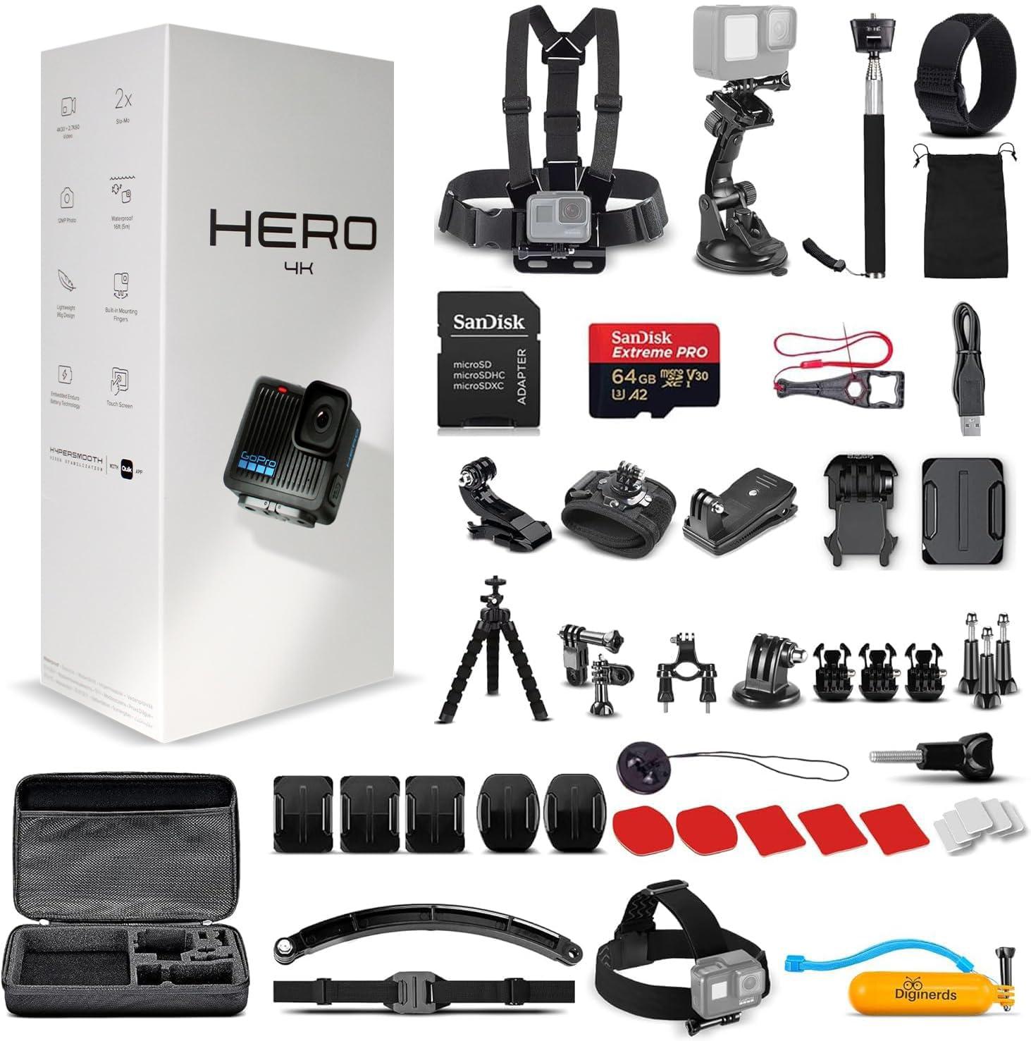 GoPro GoPro Hero (Go Pro Hero) Black Compact - Waterproof Action Camera with 4K Ultra HD Video, 12MP Photos, Stabilization + 50-in-1 Accessory Kit + 64GB Card + More