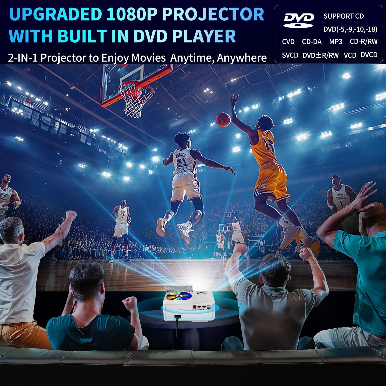 TODANGAI Projector with DVD player, Bluetooth and Wifi, Mini Projector 1080P HD for Bedroom, Indoor Movie Player with USB Reader, Projector Portable for Outdoor Party, Support HDMI RCA AUX USB Remote Control