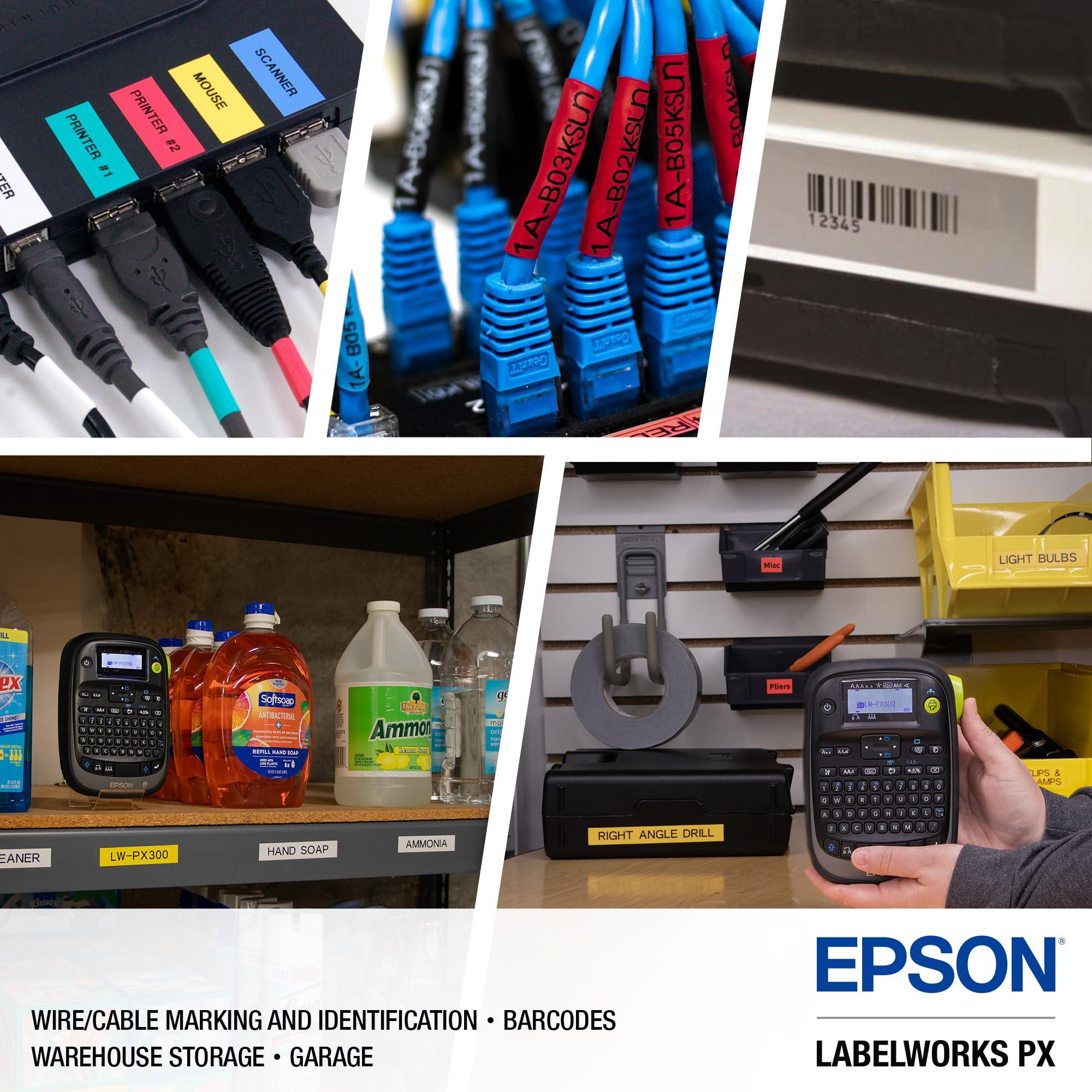 LABELWORKS LABELWORKS Epson LW-PX300 Industrial Label Maker for Office Compatible with Stickers, Magnets, and Shrink Tube, Portable Handheld Design
