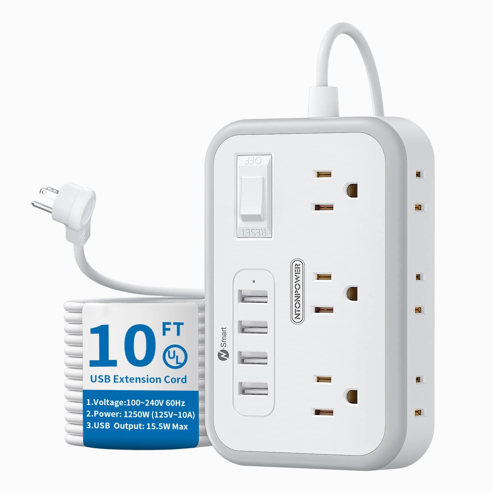 NTONPOWER Extension Cord 25 ft & 10 ft, NTONPOWER Surge Protector Power Strip with 6 Widely Outlets 4 USB Ports(2 USB C), Flat Plug, Wall Mounted, Side Outlet Extender for Indoor, Home Office, Dorm Room Essenti
