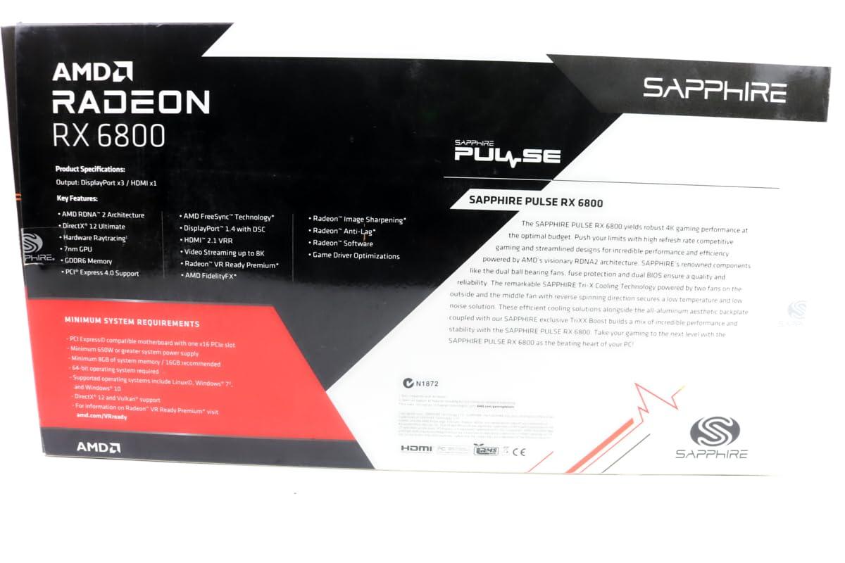 Sapphire Sapphire 11305-02-20G Pulse AMD Radeon RX 6800 PCIe 4.0 Gaming Graphics Card with 16GB GDDR6 Pack of 1 (Renewed)