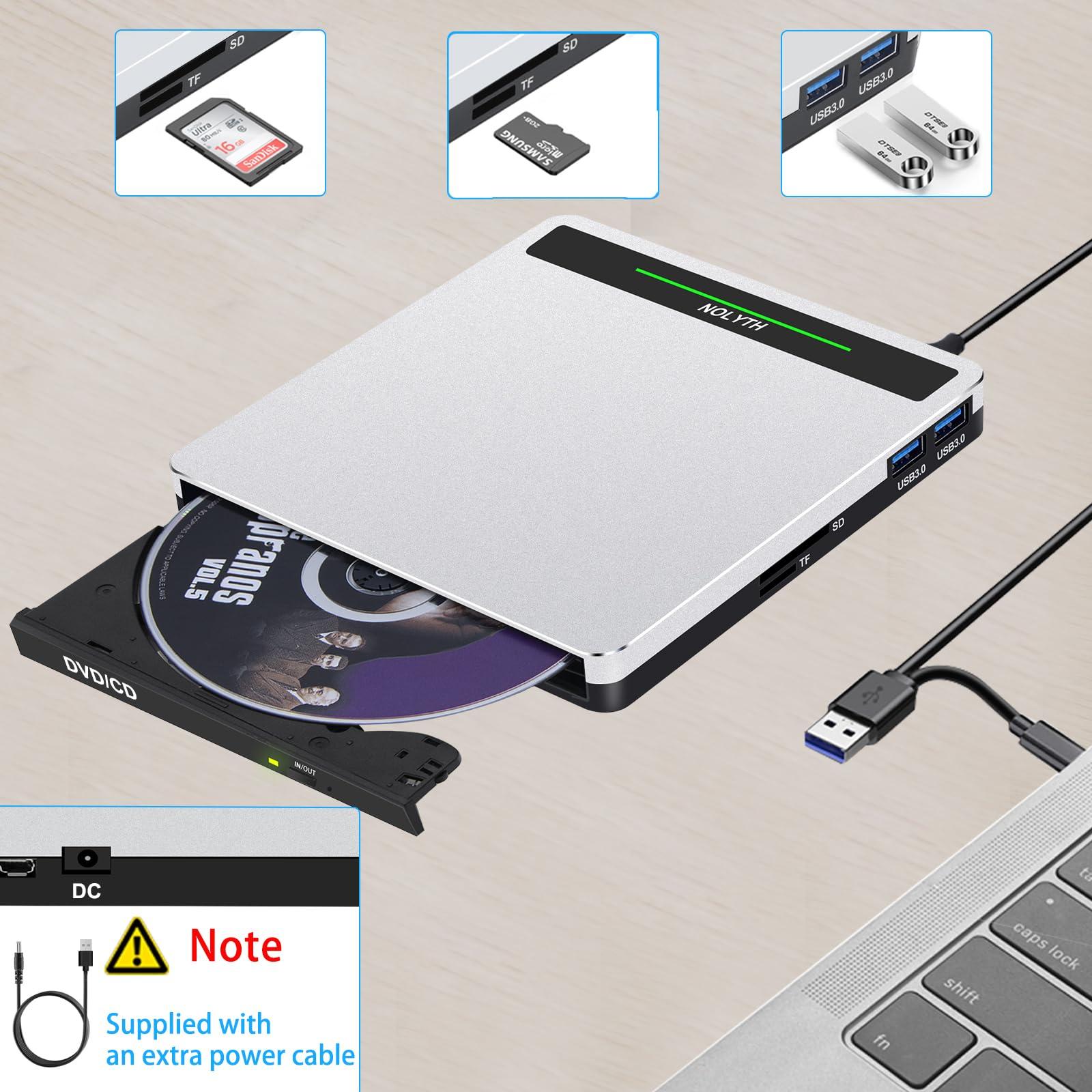 NOLYTH NOLYTH External CD Drive for Apple Mac, USB DVD Drive External DVD Player CD ROM Burner with SD TF 2 USB Ports, Portable Optical Disk Reader for Laptop PC Windows Desktop