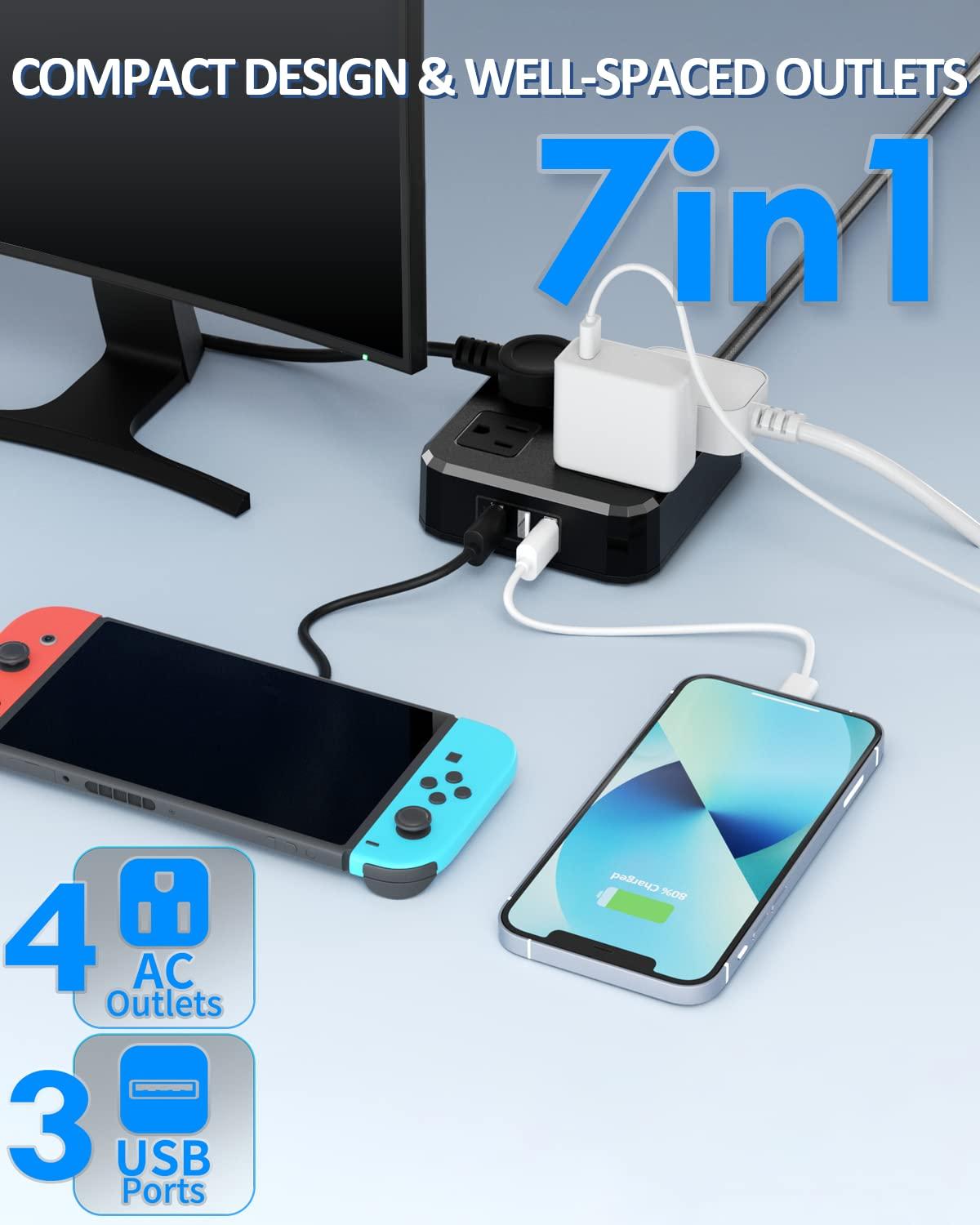 APS Outdoor Power Strip Weatherproof, Waterproof Surge Protector with 4 Wide Outlet with 3 USB Ports, 10FT Extension Cord,1875W Overload Protection,Outlet Extender for Christmas Lights ETL Listed Black