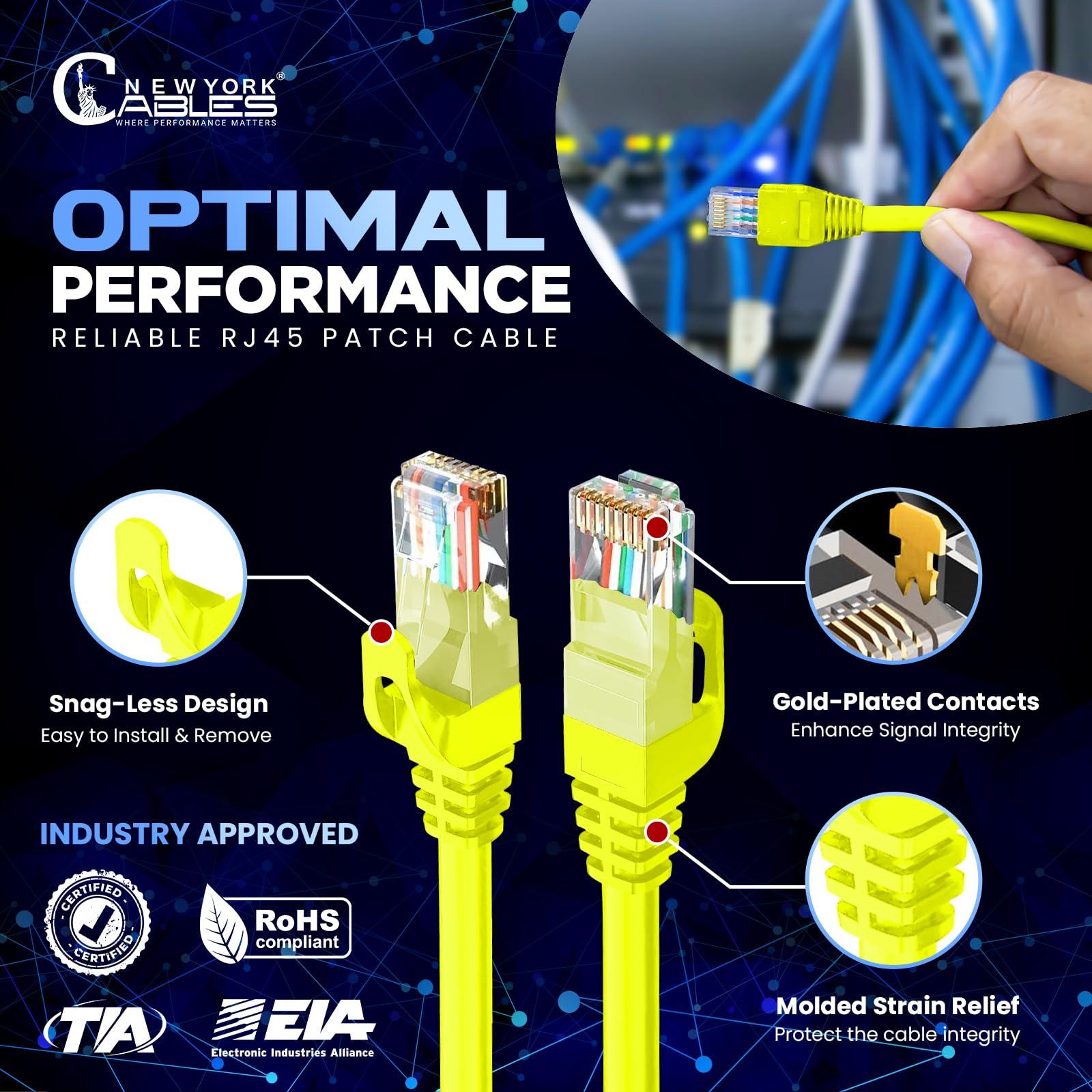 NewYork Cables NewYork Cables Cat6 Ethernet Patch Cable 1 ft (5 Pack), Snagless Cat6 Patch Cables for Data Centers, 10Gbps, 550Mhz Ethernet Cord, Bare Copper Network Patch Cables for Home and Enterprise -Yellow