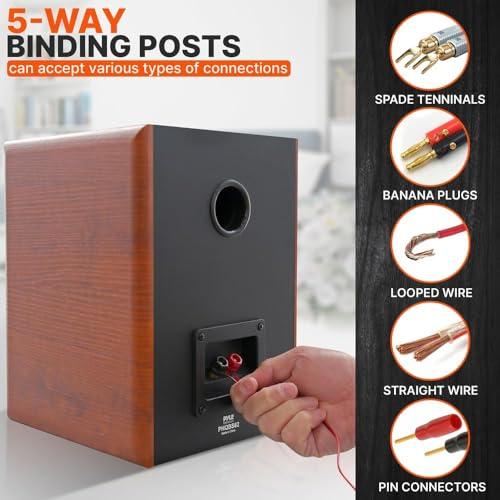 Pyle Pyle 6.5" Home Wooden Bookshelf Speakers, 240W Max Power, 1" Silk Dome Tweeter and Aluminum Voice Coils, Pair, Gold Plated 5 Way Binding Post, Rubber Surrounds, Beautiful Wood Grain Finish