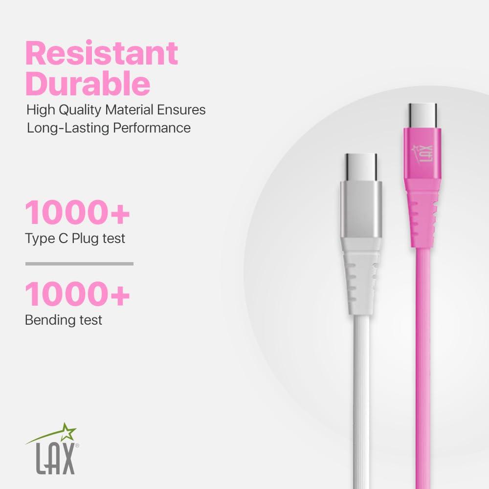 LAX LAX Gadgets USB C to USB C Cable for Android, iPhone 15 Pro Max & 15 Pro Pack of 2 Certified Type C Cables - Nylon Braided Fast Charging Cables - Durable & Tangle Free - 6 ft White & 4 ft Doll Pink