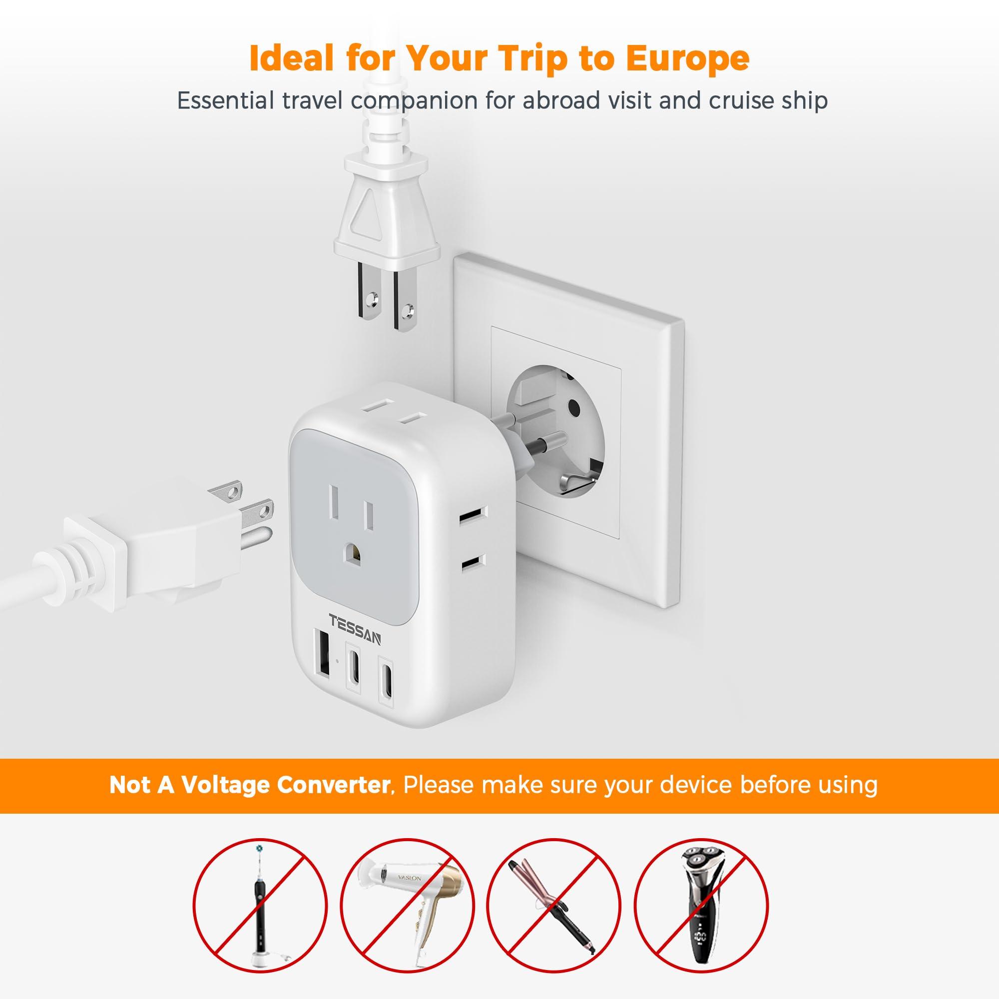 TESSAN TESSAN European Travel Plug Adapter USB C, Type C Power Adaptor with 4 AC Outlets for USA to EU Italy Iceland Spain France Greece Germany