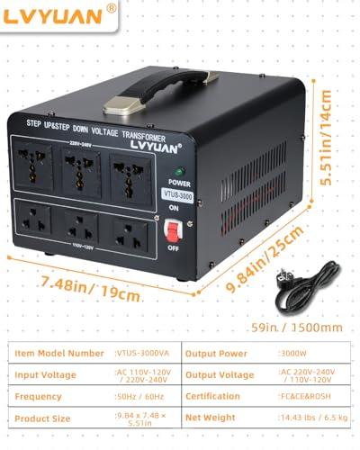 LVYUAN LVYUAN 3000 Watt Voltage Converter Transformer Heavy Duty Step Up/Down AC 110V/120V/220V/240V Power Converter with 3 US Outlets, 3 Universal Outlets, Resettable Circuit Breaker Protection