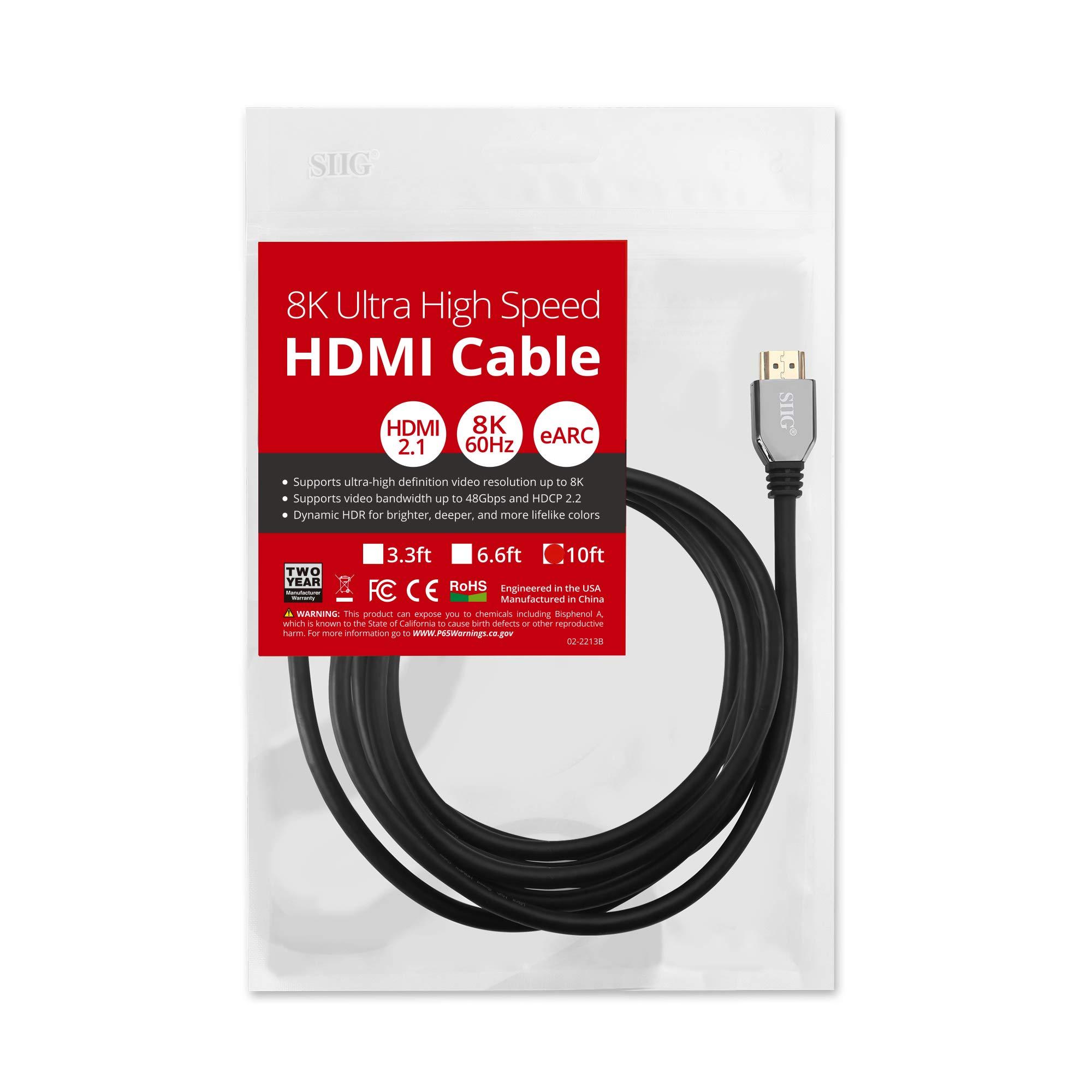 SIIG SIIG 8K Ultra High Speed HDMI Cable - 10ft, HDMI 2.1 Cable - 8K,48Gbps,Dynamic HDR,4K/120Hz,eARC, HDCP 2.3 DSC, for PS5, Xbox Series X, RTX 3XXX, RX 6XXX, Apple TV, and More (CB-H21611-S1)