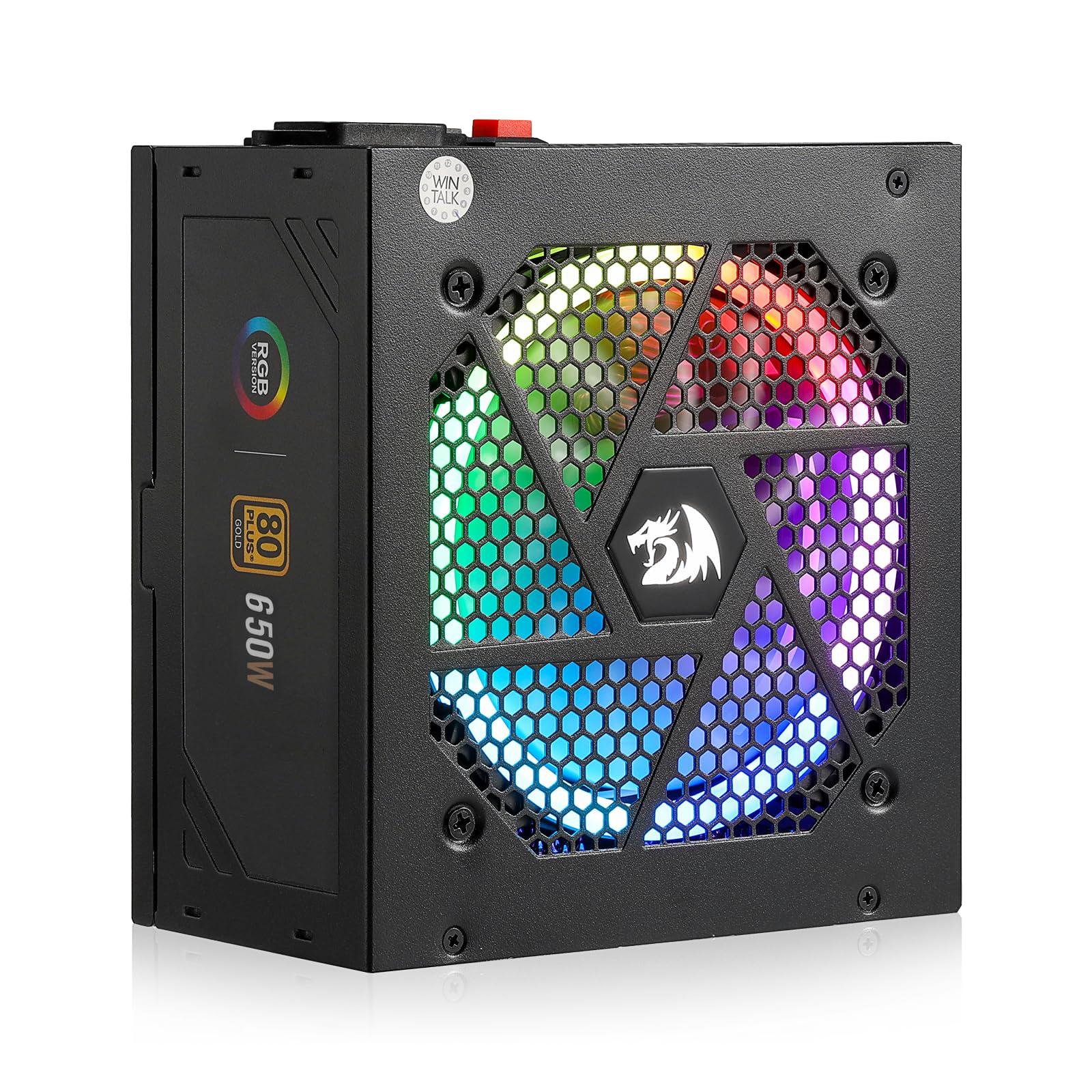 Redragon Redragon RGPS-650W 80+ Gold 650 Watt ATX Fully Modular Power Supply w/ 80 Plus Gold Certified, Compact 160mm Size & RGB Low Noise Smart-ECO 0 RPM Fan, 100% Japanese Capacitors, Full Mod Cables, Black