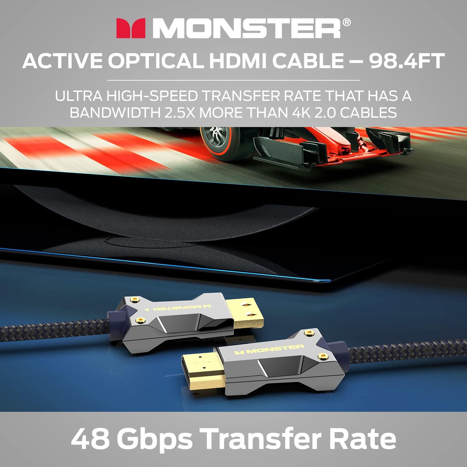 Monster Monster M-Series Active Optical Lightwave Cable Certified Premium HDMI 2.1-48 Gbps Cable with Aluminum Extrusion Connector, V-Grip, Duraflex Protective Jacket - Supports 8K @ 60HZ, 4K @ 120HZ, 98.4 FT