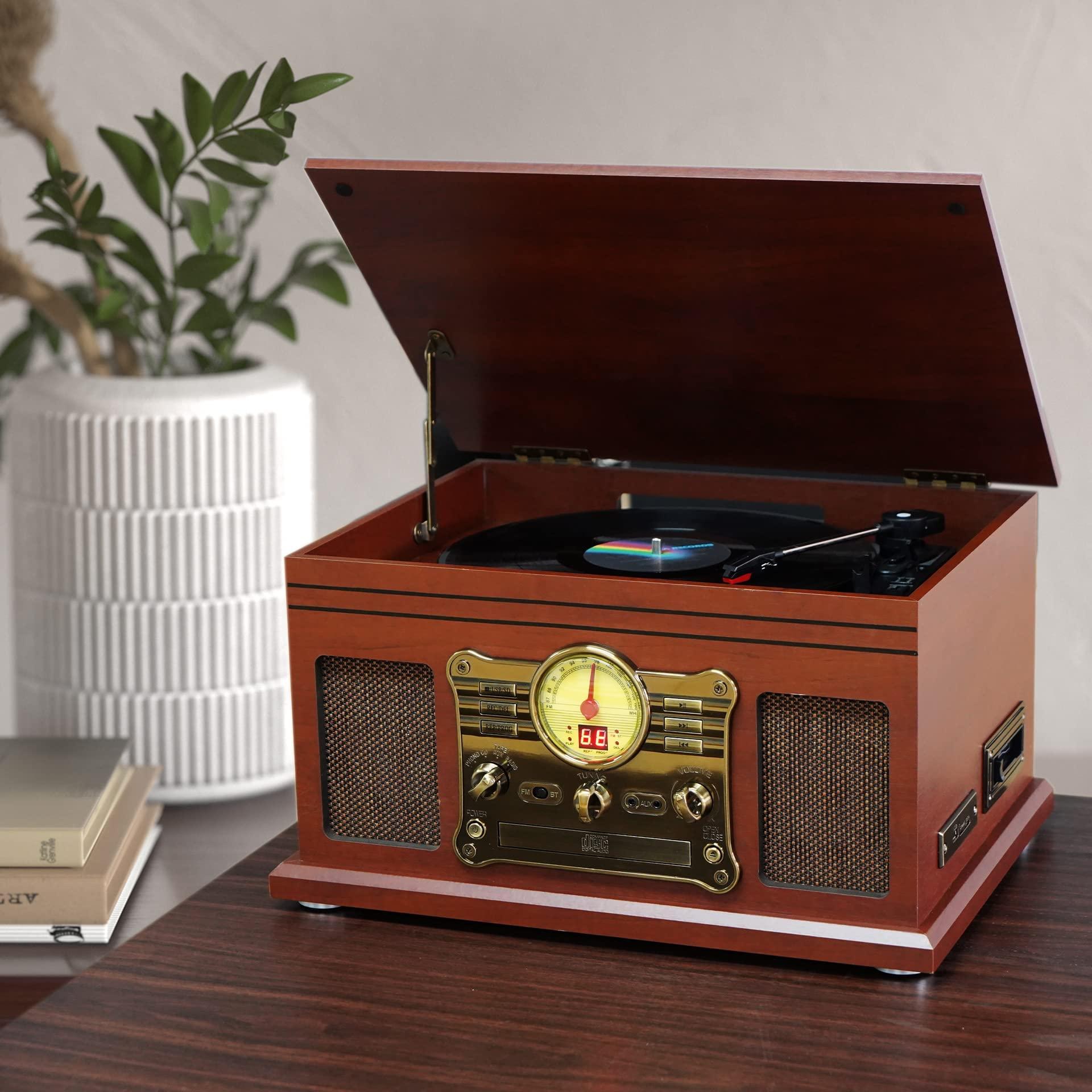 FEKTIK FEKTIK Bluetooth Record Player 10 in 1, 3-Speed Turntable for Vinyl with Speakers, LP to MP3 Converter, CD, Cassette Player, FM Radio, Wireless Streaming | Mahogany