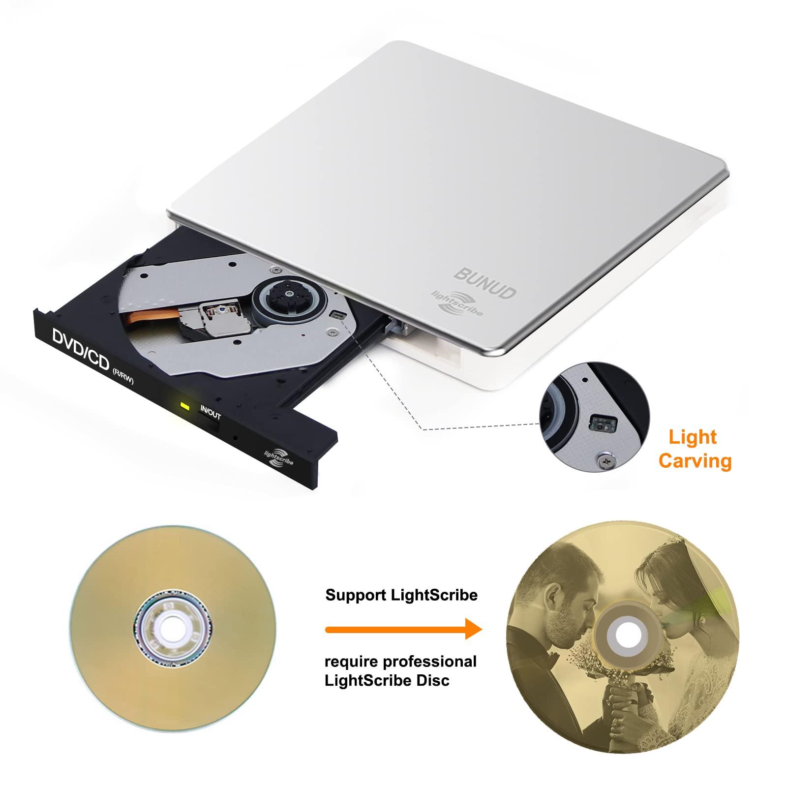 BUNUD External CD DVD Drive LightScribe CD/DVD +/-RW Burner Player Writer Optical Disk Reader Portable CD DVD Drive for Laptop Mac MacBook PC Windows 11 10 Linux OS