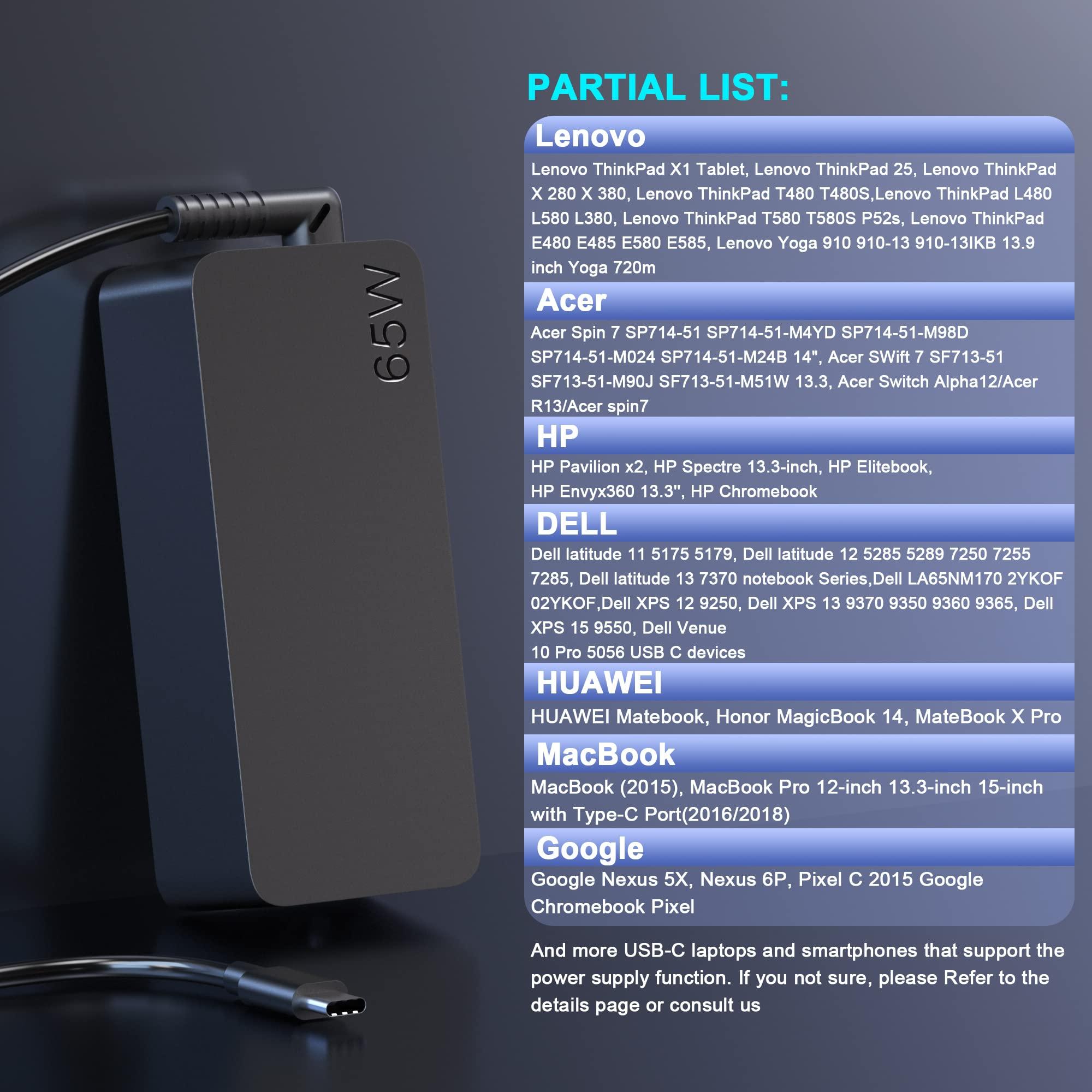 Ponkor Lenovo Laptop Charger, 65W 45W AC Adapter USB C Power Supply Computer Charger Power Cord for Lenovo Ideapad Thinkpad,MacBook Pro,HP,Dell,Samsung,Nintendo Switch and More USB C Laptops or Phones