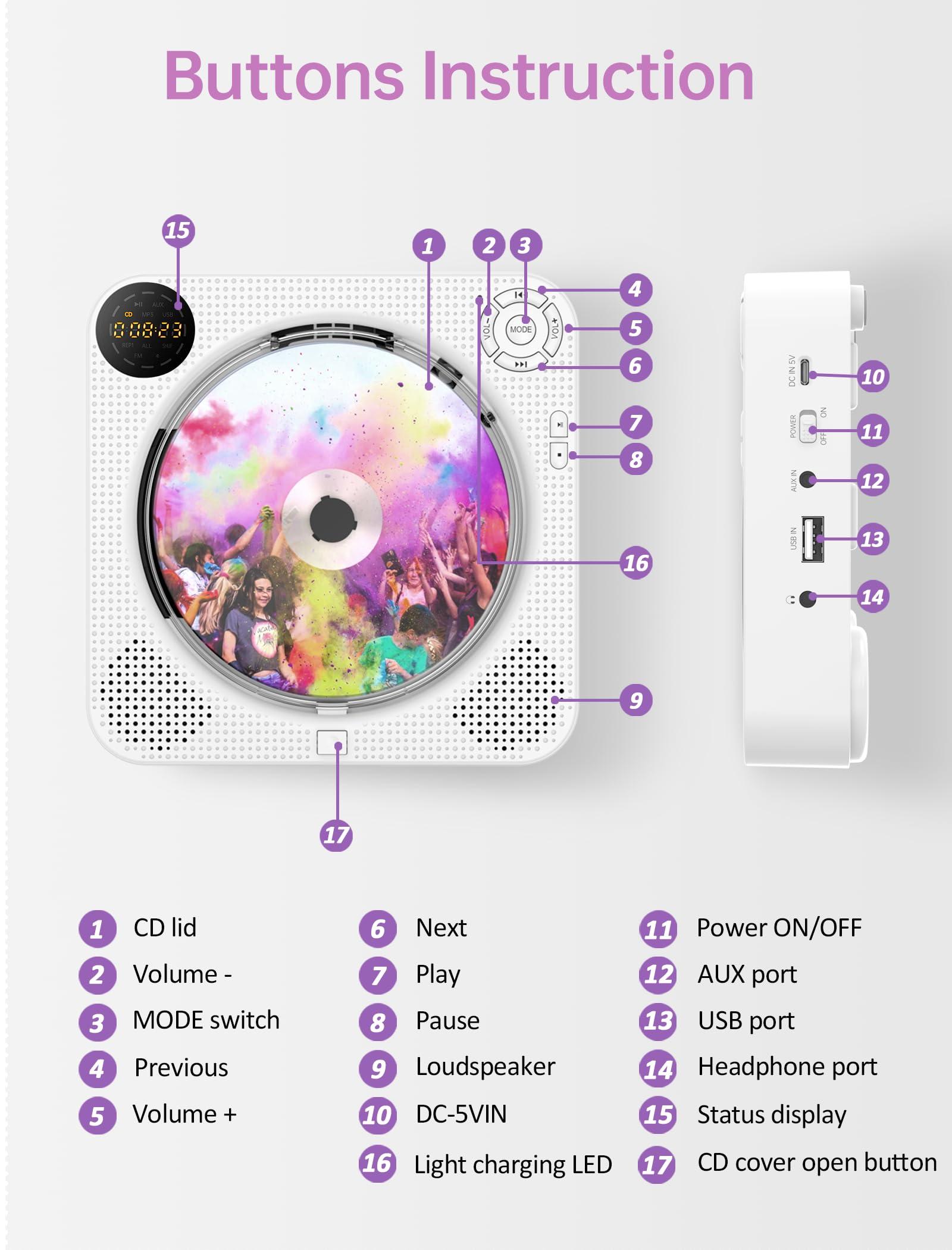 Desobry CD Player Portable, Bluetooth CD Player with Speakers DESOBRY Small CD Player for Home with Remote Control FM Radio Digital Screen Headphone Jack, Wall CD Player Support AUX in Cable&USB, White