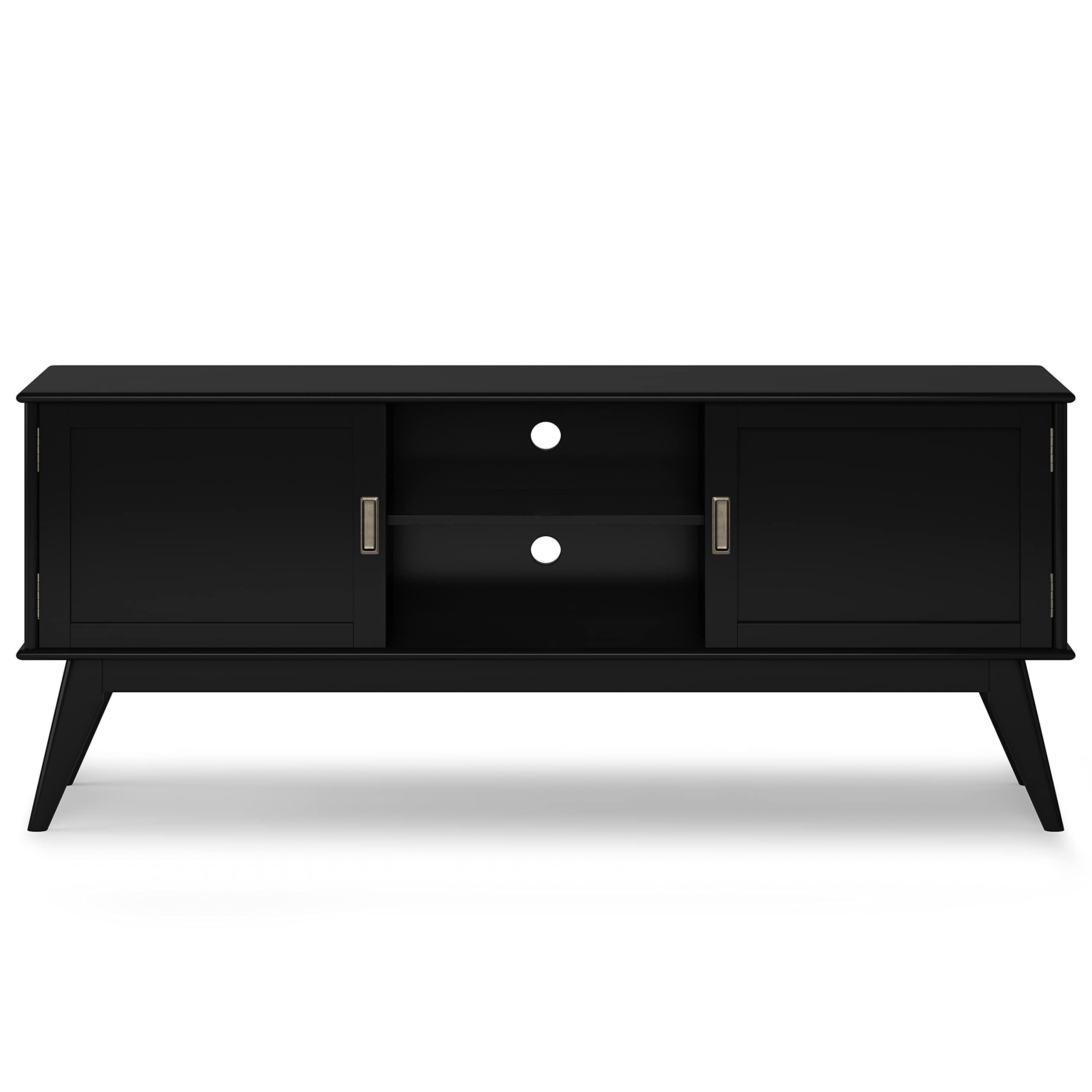 SIMPLIHOME SIMPLIHOME Draper SOLID HARDWOOD 60 Inch Wide Mid Century Modern Low TV Media Stand in Black for TVs up to 65 Inches, For the Living Room and Entertainment Center