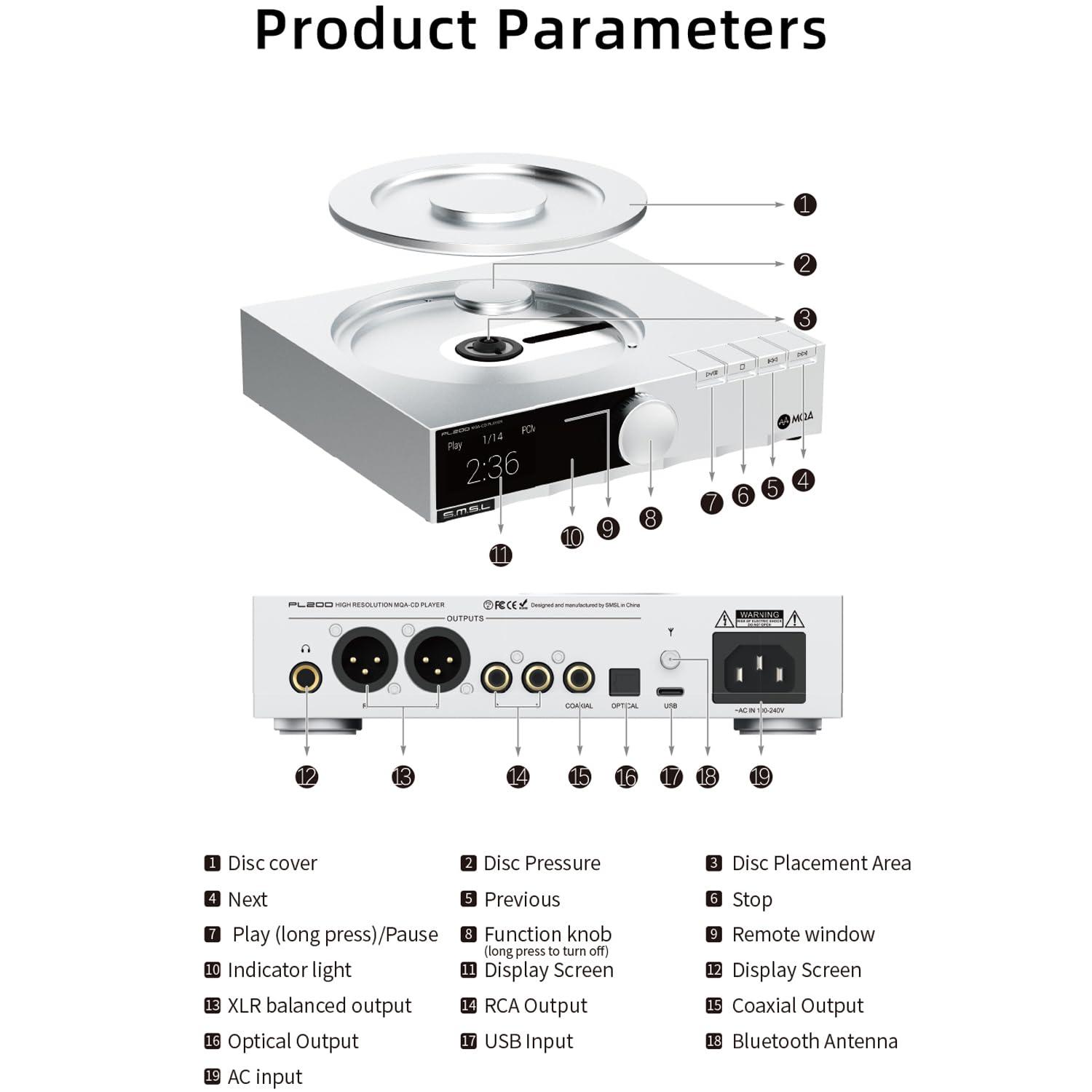S.M.S.L S.M.S.L PL200 Vibration Proof Compact MQA-CD Multifunction Player USB DAC Multi Input | USB/Bluetooth/CD | Multi Output | RCA/XLR/Headphone Tempered Glass Display Full Function Remote Control Black