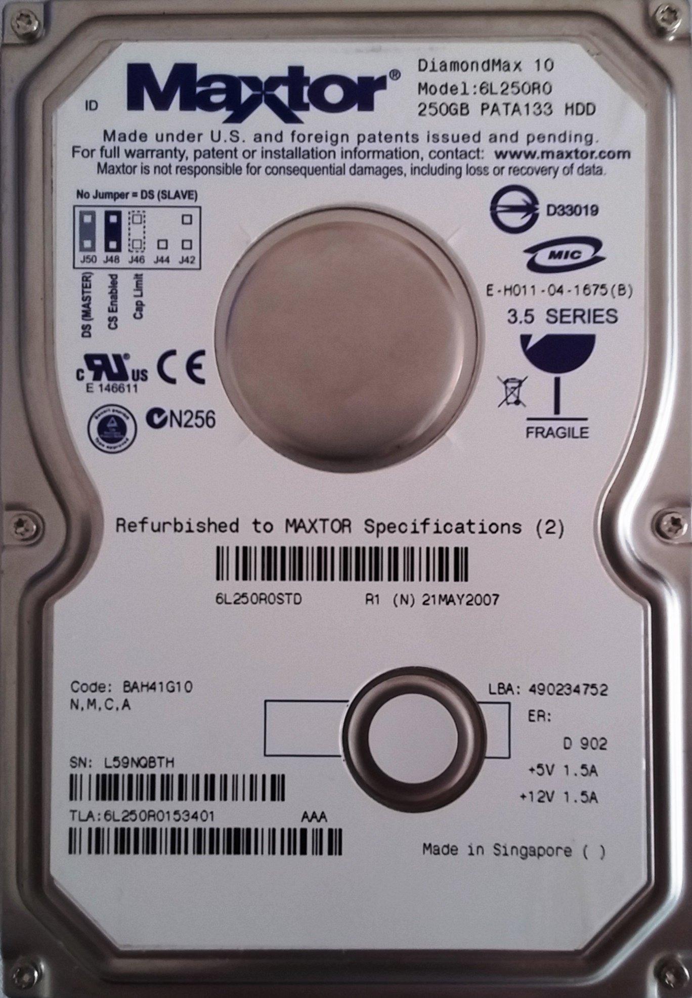 Maxtor 6L250R0 MAXTOR 250GB 7200RPM ATA-133 HARD DRIVE P/n: 6L250R0 -MAXTOR