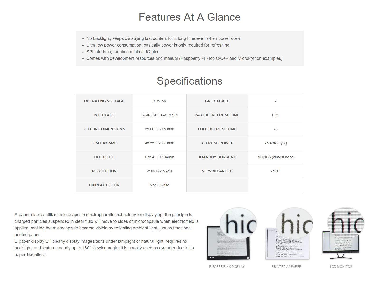 waveshare waveshare 2.13inch E-Ink Display HAT 250122 Pixels Black White Two Color E-Paper Module epaper Screen for Raspberry Pi Pico Microcontroller Board,Support Partial Refresh