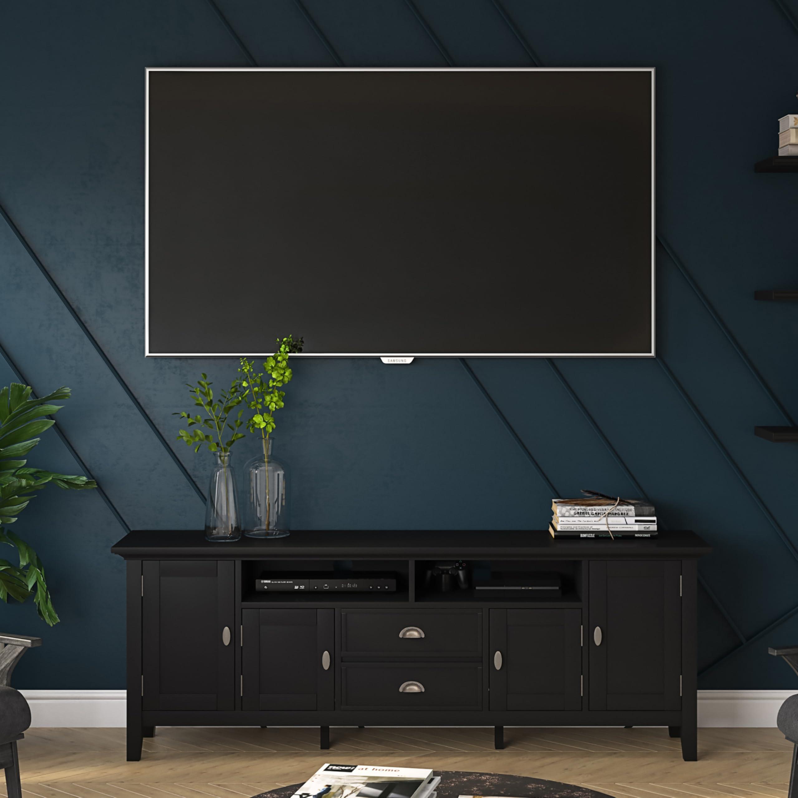 SIMPLIHOME SIMPLIHOME Redmond SOLID WOOD 72 Inch Wide Transitional TV Media Stand in Black For TVs up to 80 Inches, For the Living Room and Entertainment Center