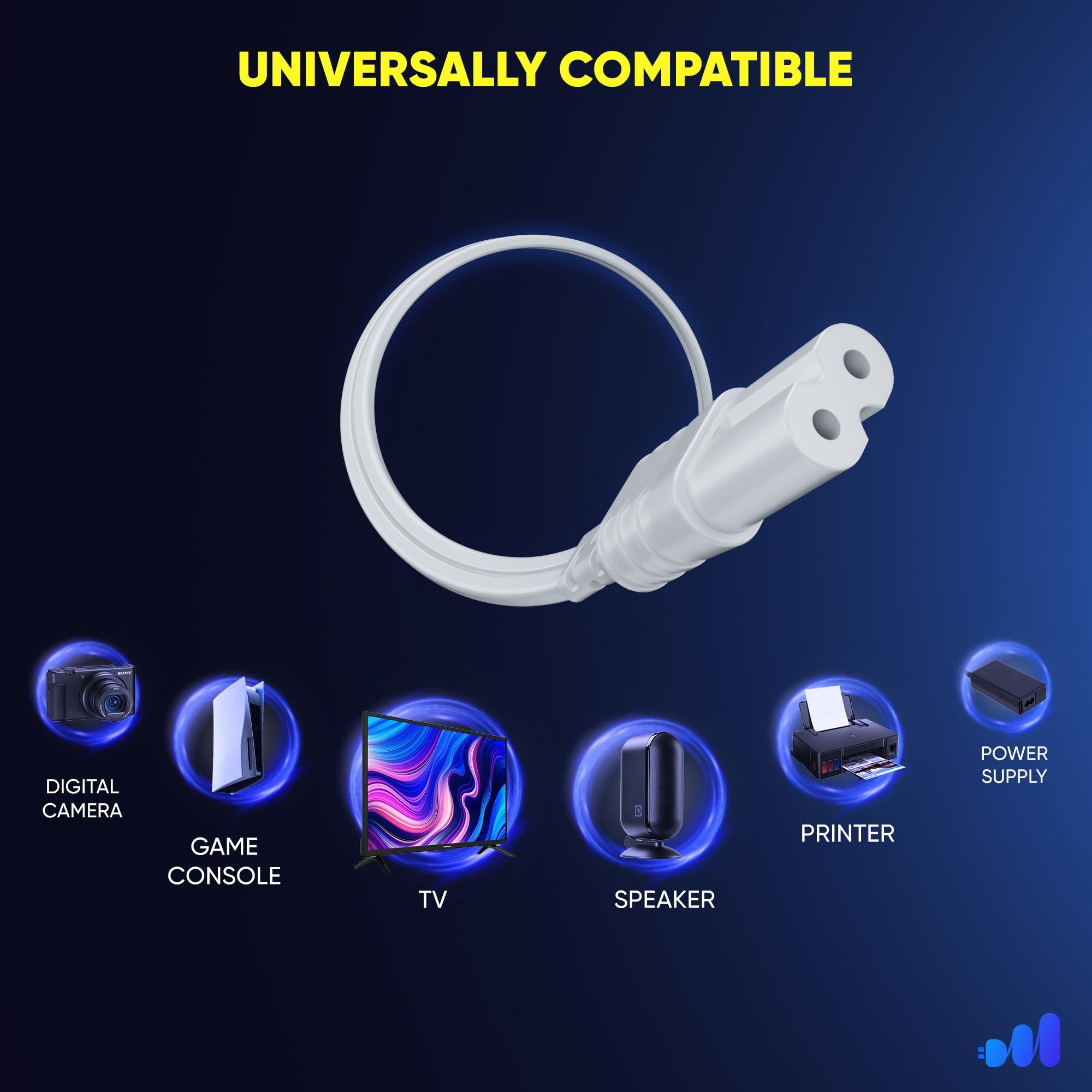 Maximm Maximm 2-Prong TV Power Cord 6ft, 360 Rotating Flat Plug, UL Listed, Non-Polarized, Compatible with Samsung, LG, Sony, TCL, Hisense, and More LED LCD Smart TVs, White