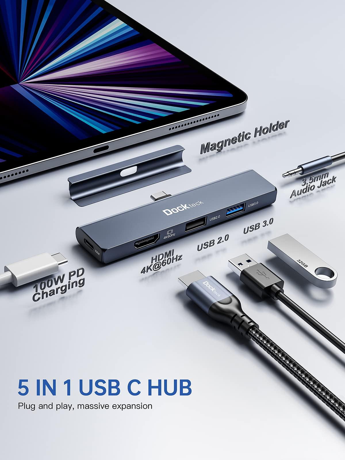 dockteck iPad Pro USB C Hub Multiport Adapter - Dockteck USBC Hub 5 in 1 with 100W PD, 4K 60Hz HDMI, Audio, USB 3.0, USB C Dock with Magnetic Grip for iPad Pro 12.9 2021 2020 2018, iPad Air, iPad Mini 6