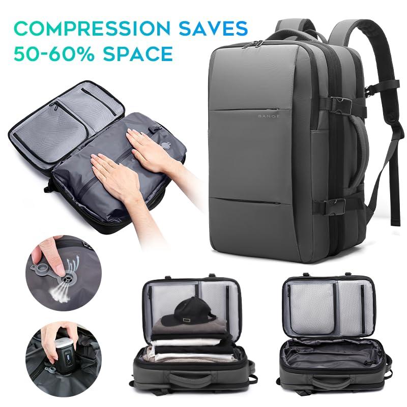 BANGE BANGE Backpack with Anti-Theft Vacuum Compression Travel Backpack,Expandable Backpacks with Pump for Airplanes