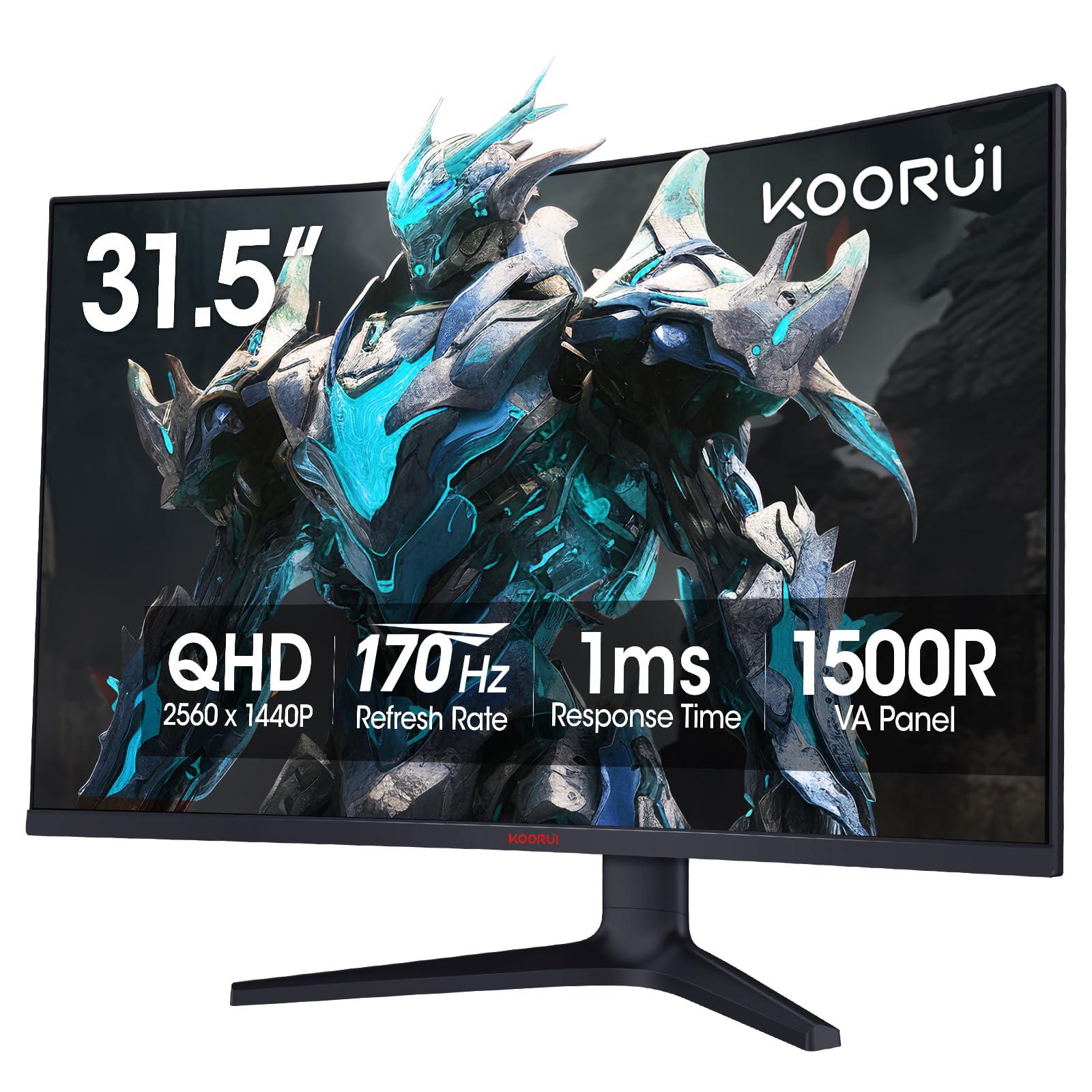 KOORUI KOORUI 32 inch Curved Gaming Monitor - QHD (2560 x 1440) 2K Display, 170Hz 144Hz Monitor, 1500R Curvature, 1ms, HDR10, Adaptive Sync, Tilt Adjustable, DisplayPort HDMI, Black - GA01