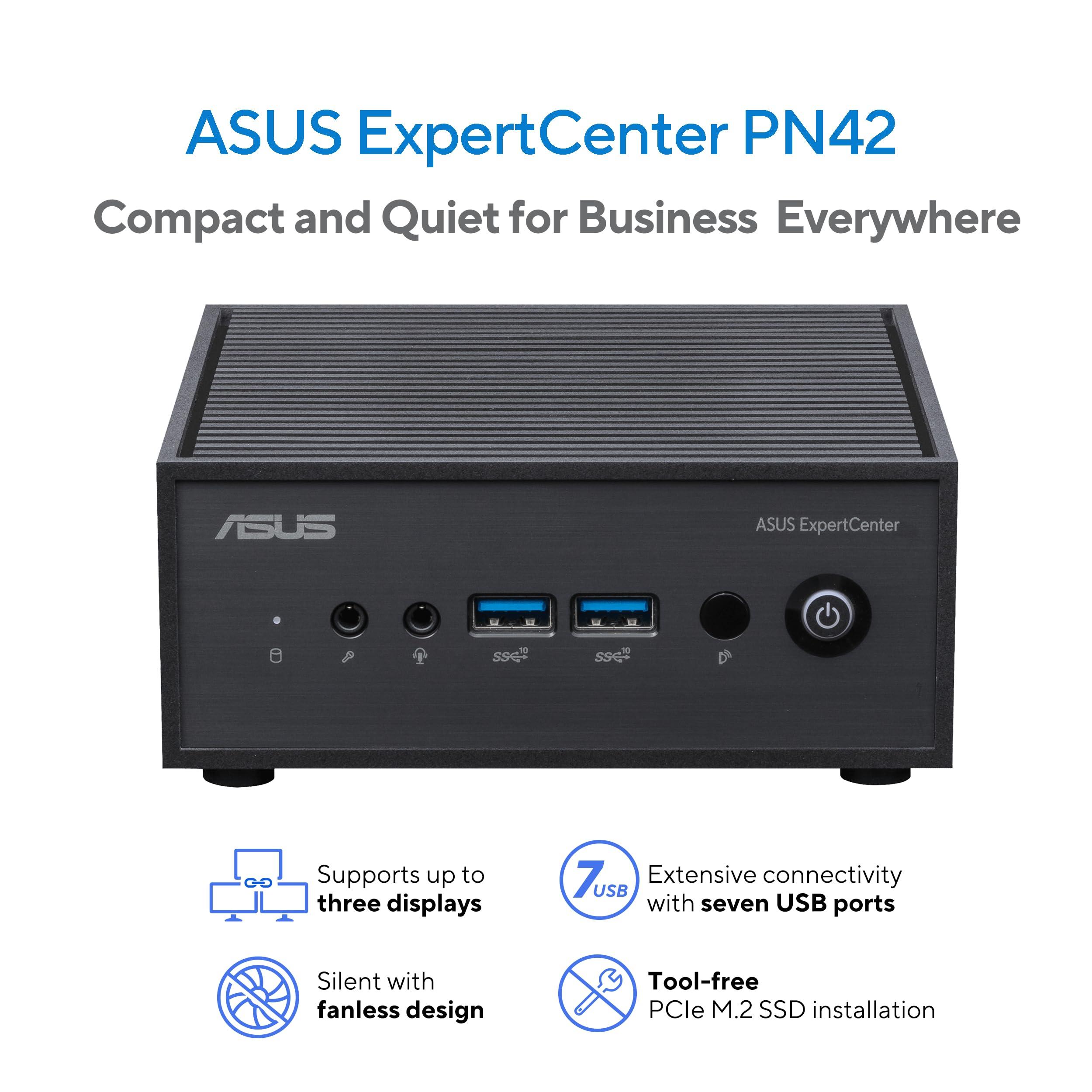 ASUS ASUS ExpertCenter PN42 Fanless Mini PC Barebone with Intel 12th gen Quad Core N100, Dual 4K Support, Dual LAN, 7 x USB, COM Port, WiFi 6E, Bluetooth, VESA Mount
