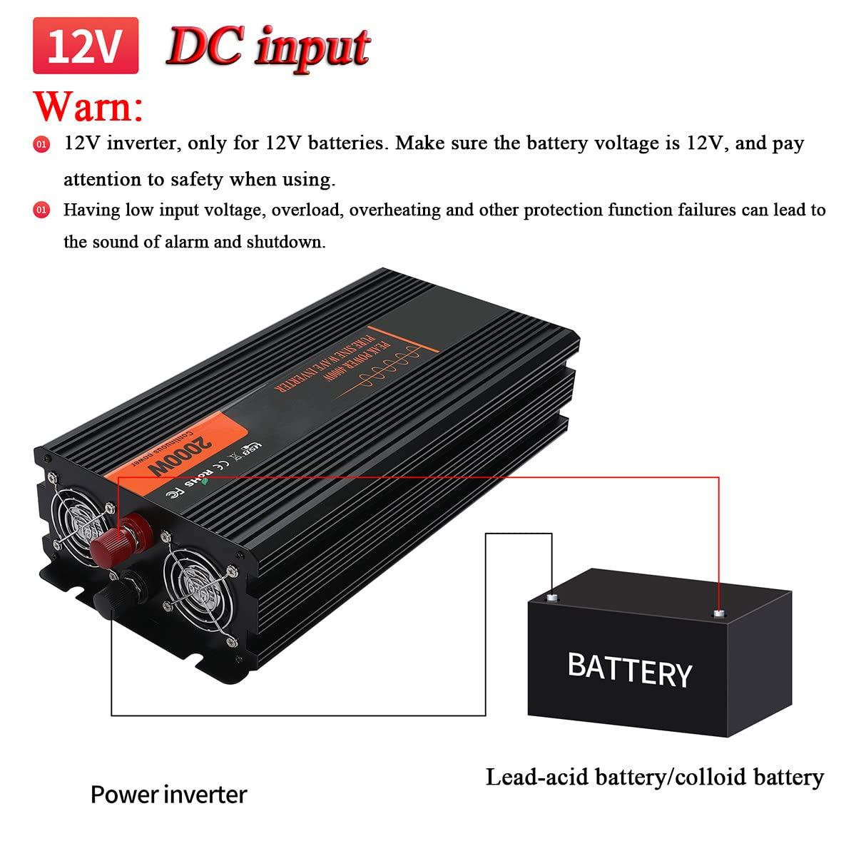 TOOJUN Car Power Inverter Pure Sine Wave DC 12V/24V/48V/60V to AC 120V/220V Transformer Convert with Wired Remote Control (Optional Socket),12V-120V
