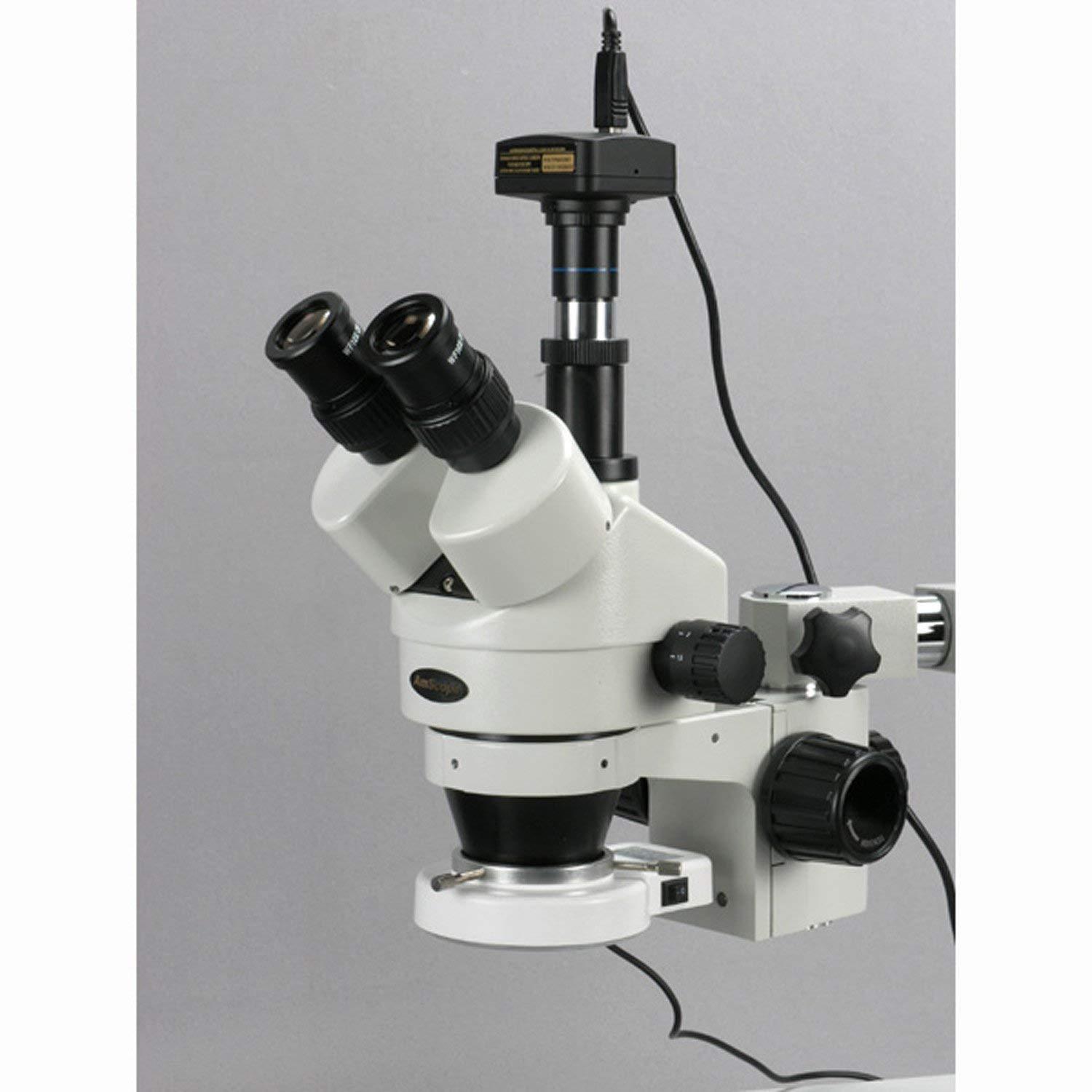 AmScope AmScope SM-3TZ-54S-10M Digital Professional Trinocular Stereo Zoom Microscope, WH10x Eyepieces, 3.5X-90X Magnification, 0.7X-4.5X Zoom Objective, 54-Bulb LED Light, Single-Arm Boom Stand, 110V-240V, Includes 0.5X and 2.0X Barlow Lenses and 10MP Camer