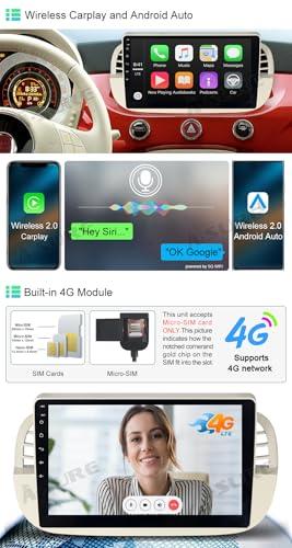 ASURE ASURE 9 inch Car Stereo Radio Upgrade for Fiat 500 500C 2007-2015 White,8Core 4G+64G Android System Car in-Dash GPS Navigation Unit with Carplay Android Auto,1280x720 Touchscreen Multimedia Player