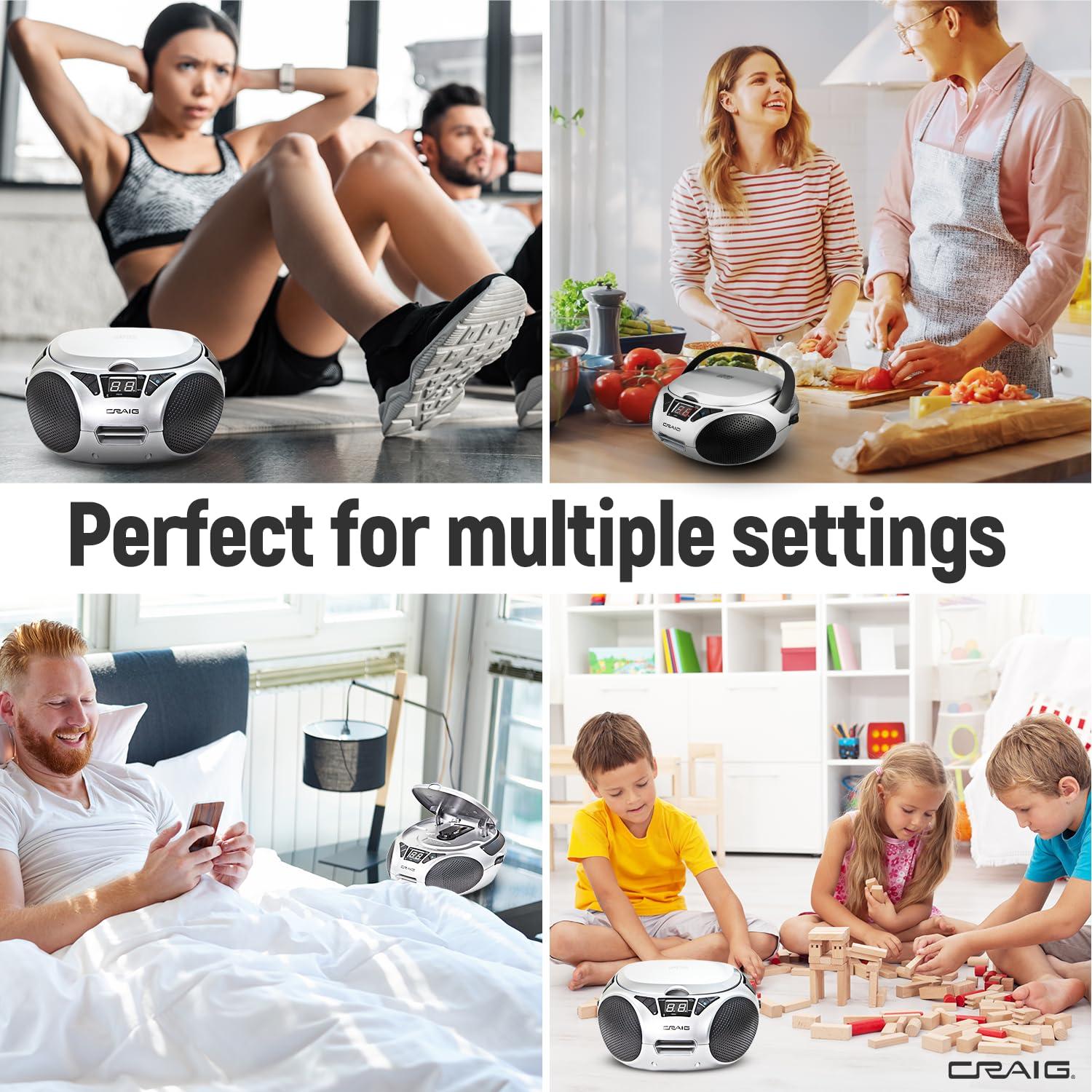 Craig Craig CD6925 Portable Top-Loading Stereo CD Boombox with AM/FM Stereo Radio Bluetooth Wireless and AUX Port (Silver, Bluetooth)