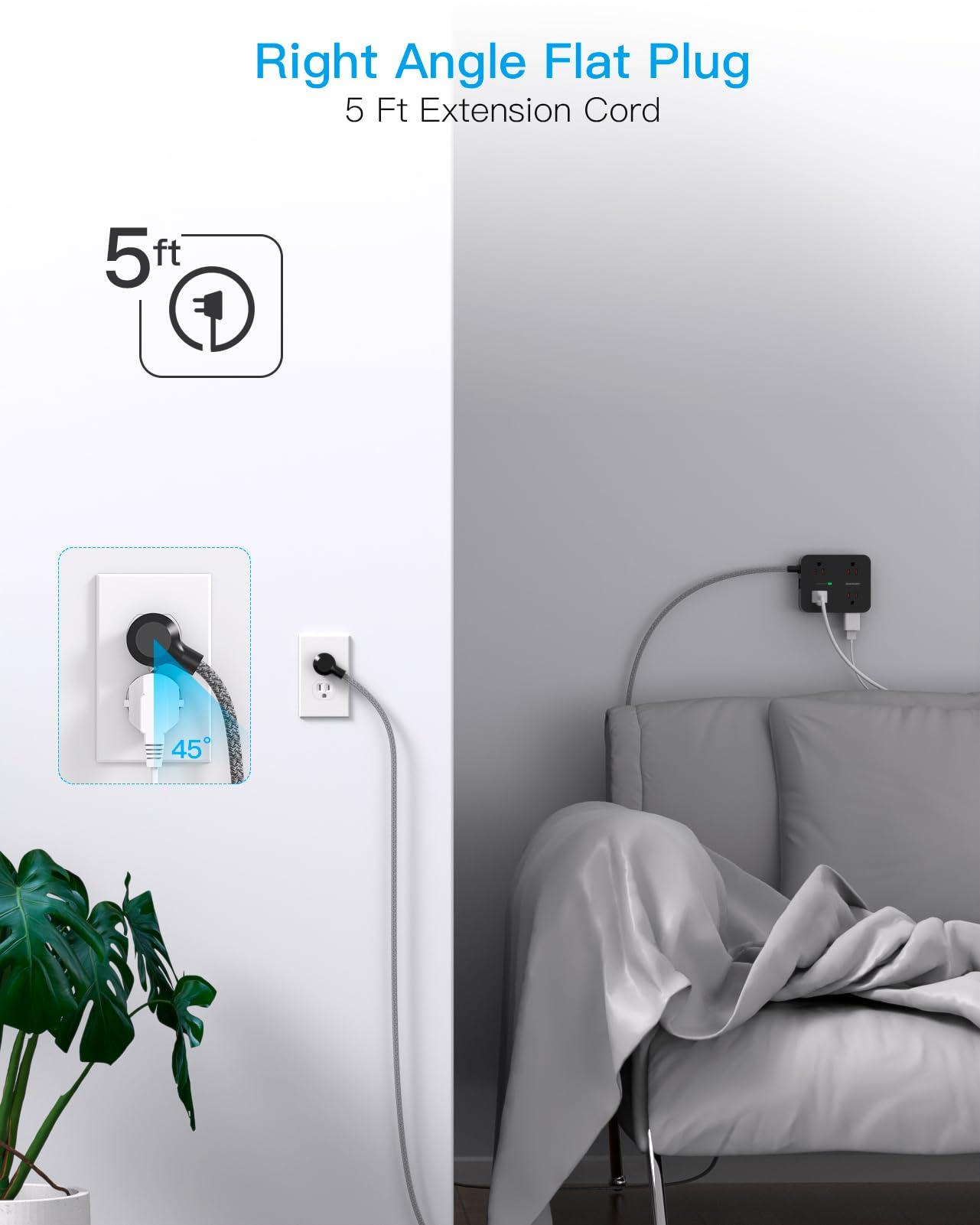 HANYCONY Power Strip Surge Protector, HANYCONY 8 Outlets with 4 USB Charging Ports(2 USB C), 3 Side Outlet Extender with 5 Ft Extension Cord, Flat Plug, Wall Mount, Desk Charging Station for Home Office ETL